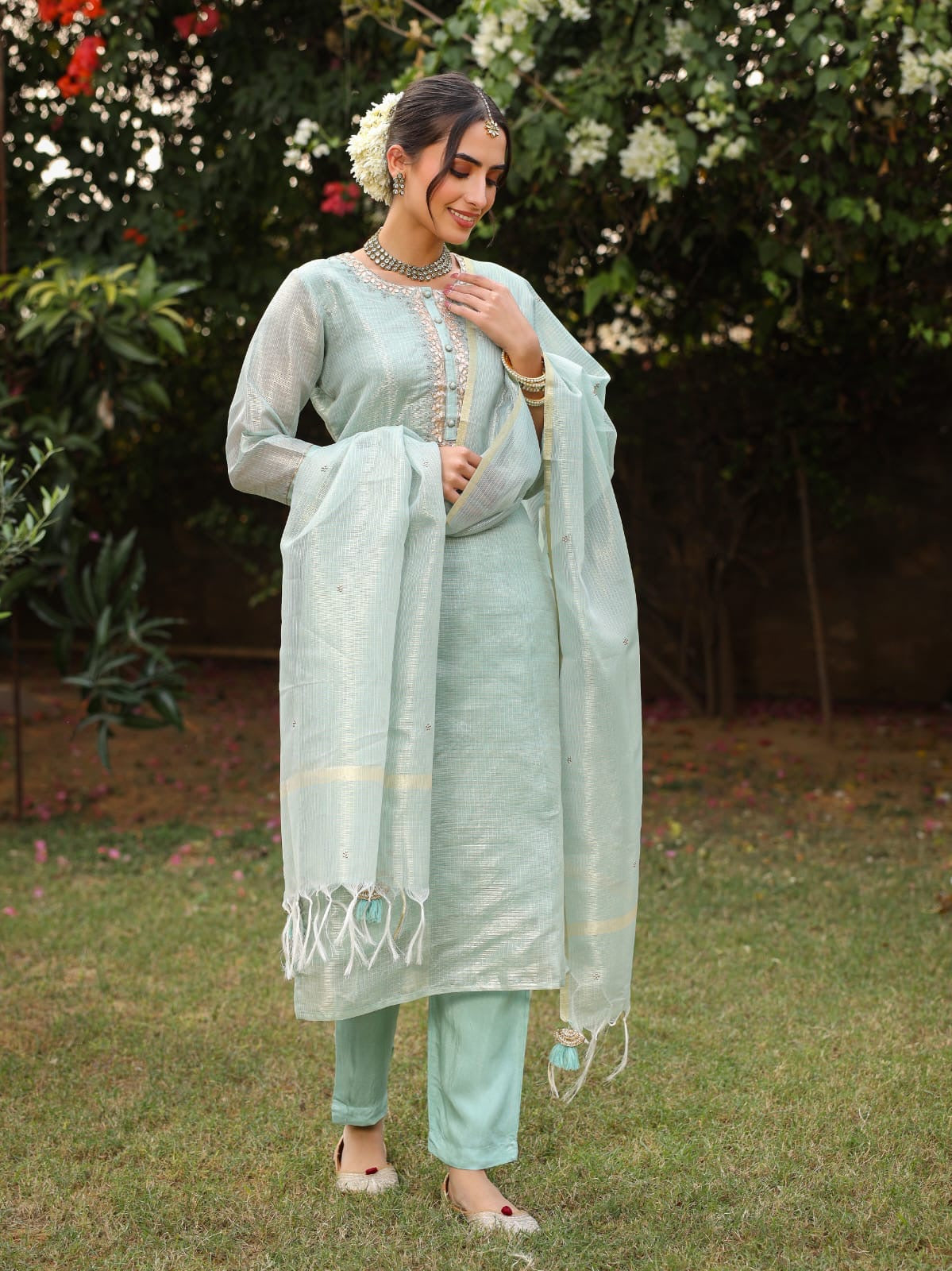 Pastel Green Tissue Silk Salwar Set with Zardosi , and Three-Quarter Sleeves