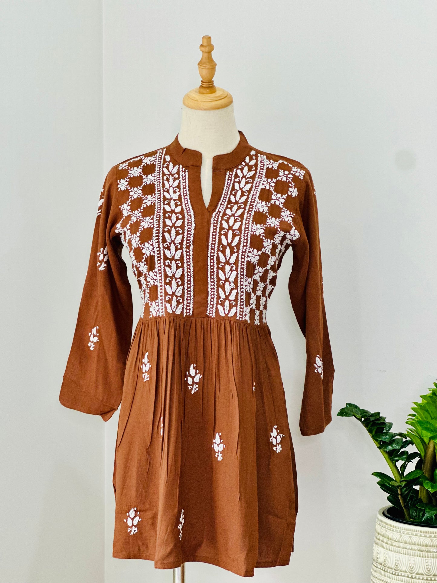 Lucknowi Chikankari Cotton Women's Flared Short Kurta - Brown