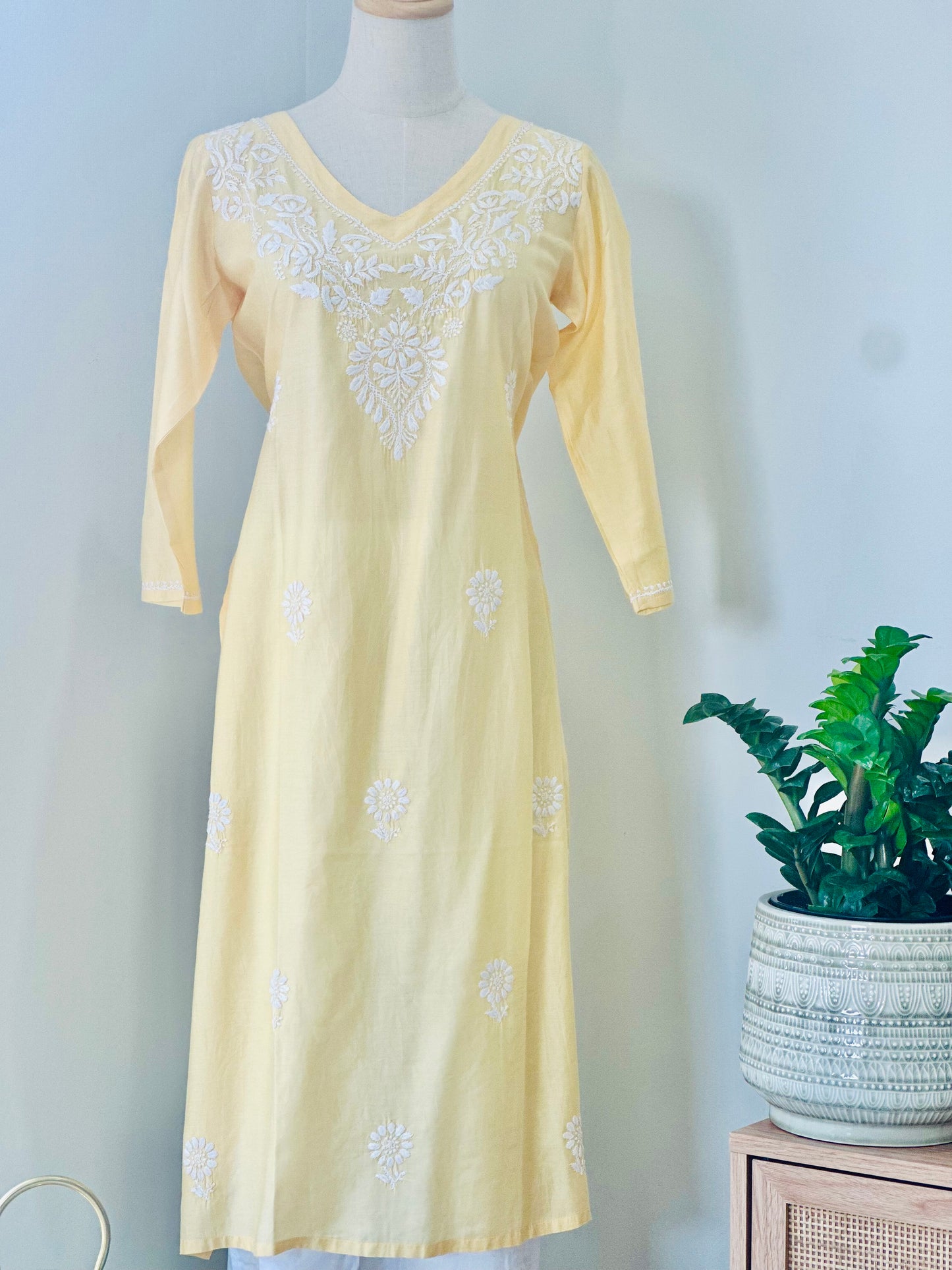 Chikankari Long Kurta In Silk - Pastel Yellow