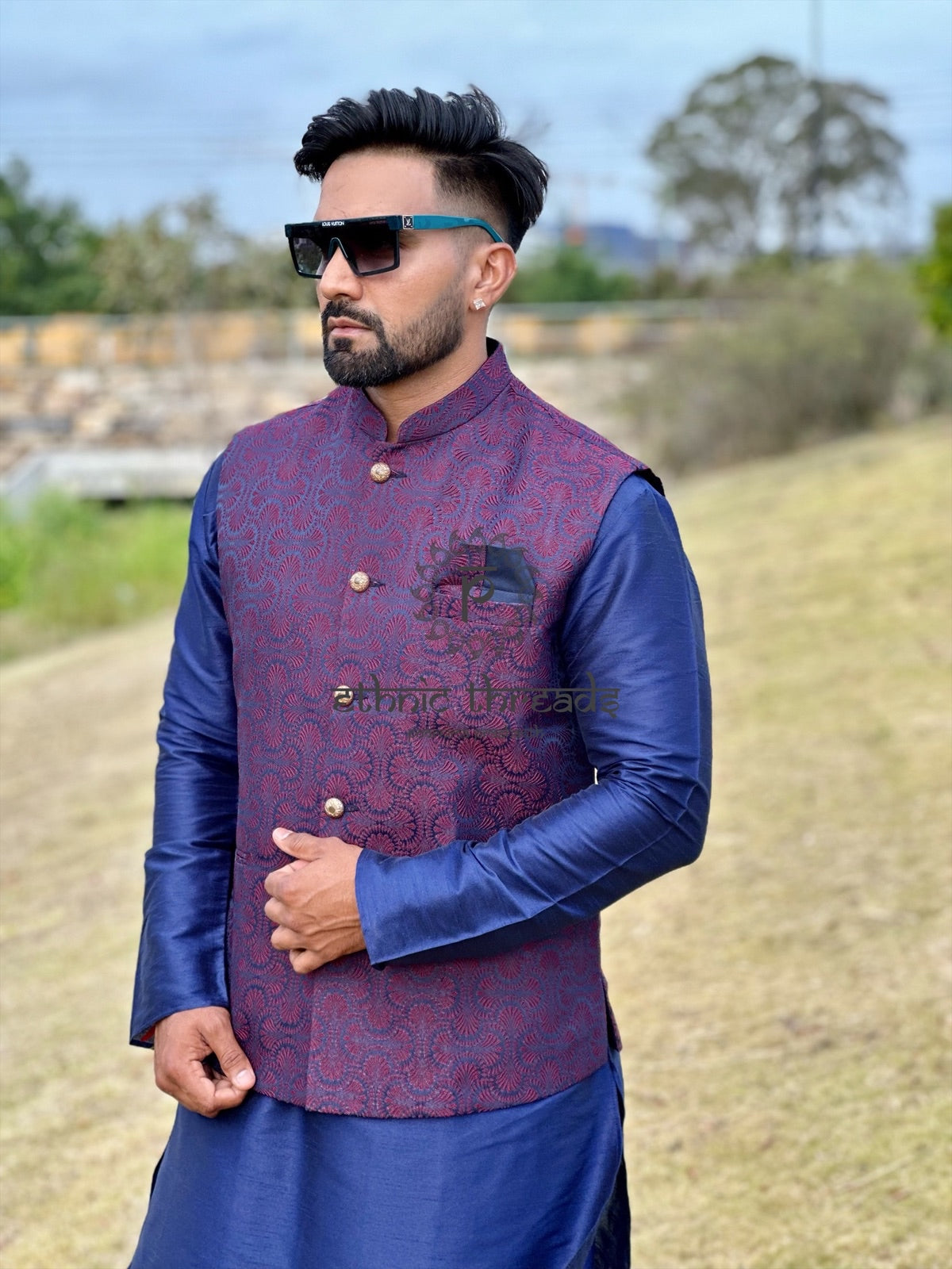 Raw Silk Mens Long Kurta with Jacquard Jacket