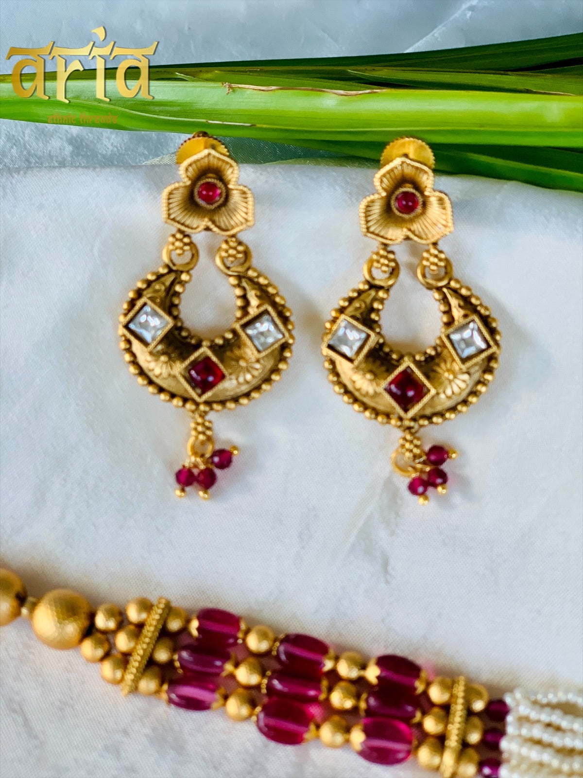 Temple Long Necklace Kundan Set- Ruby & White Stones