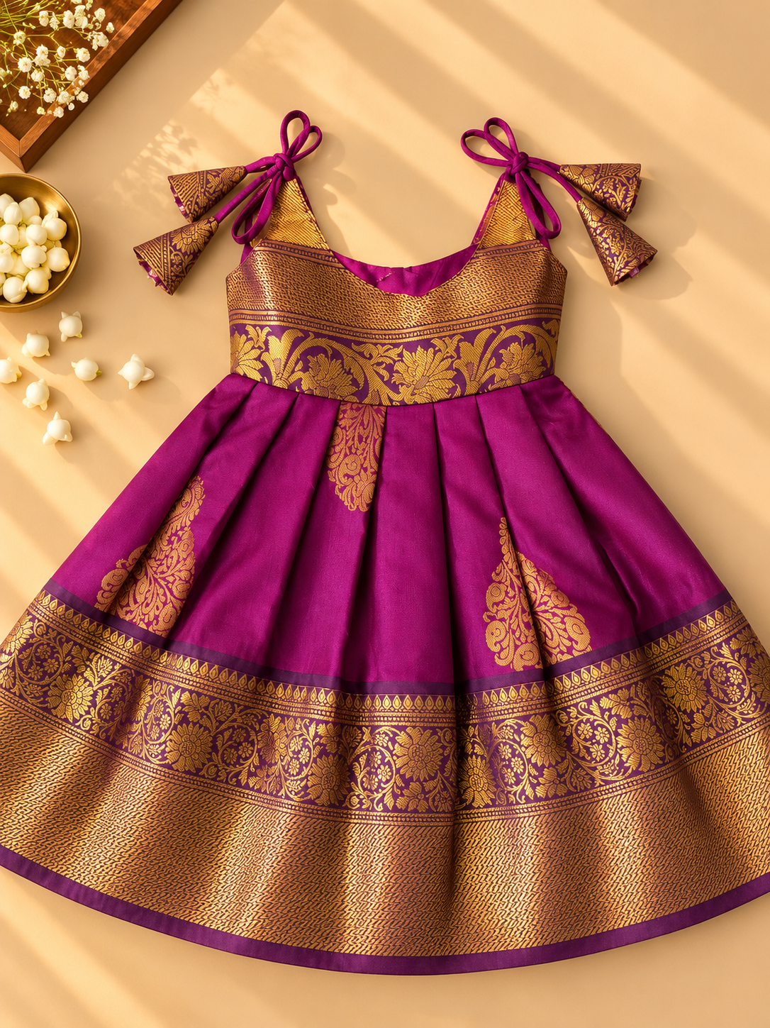 Magenta & Antique Gold Pure Kanchipuram Silk Infant Pinafore Gown