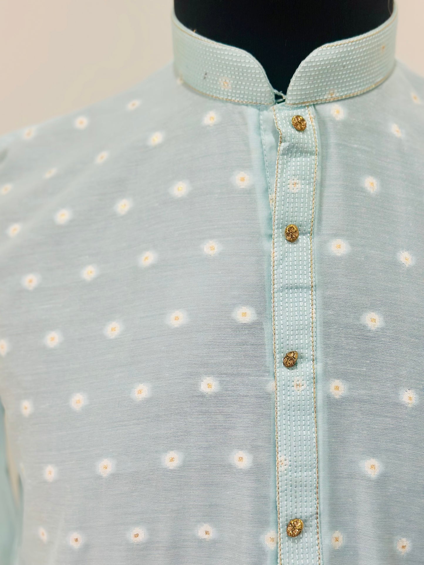 Printed Cotton Mens Long Kurta- Baby Blue