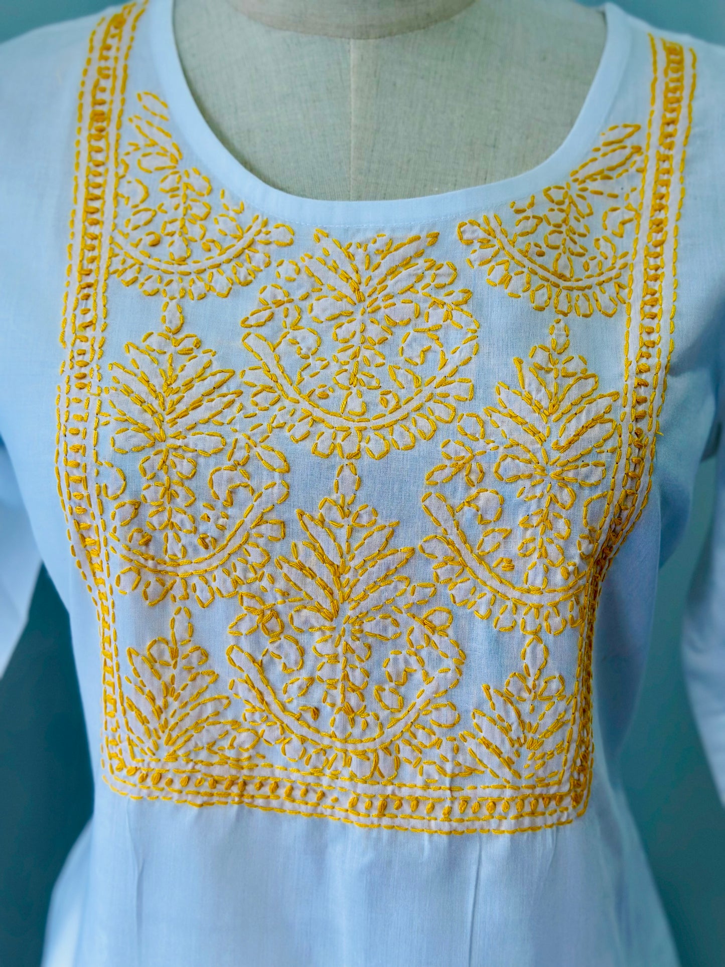 Chikankari Long Kurta In Cotton - White/ Yellow
