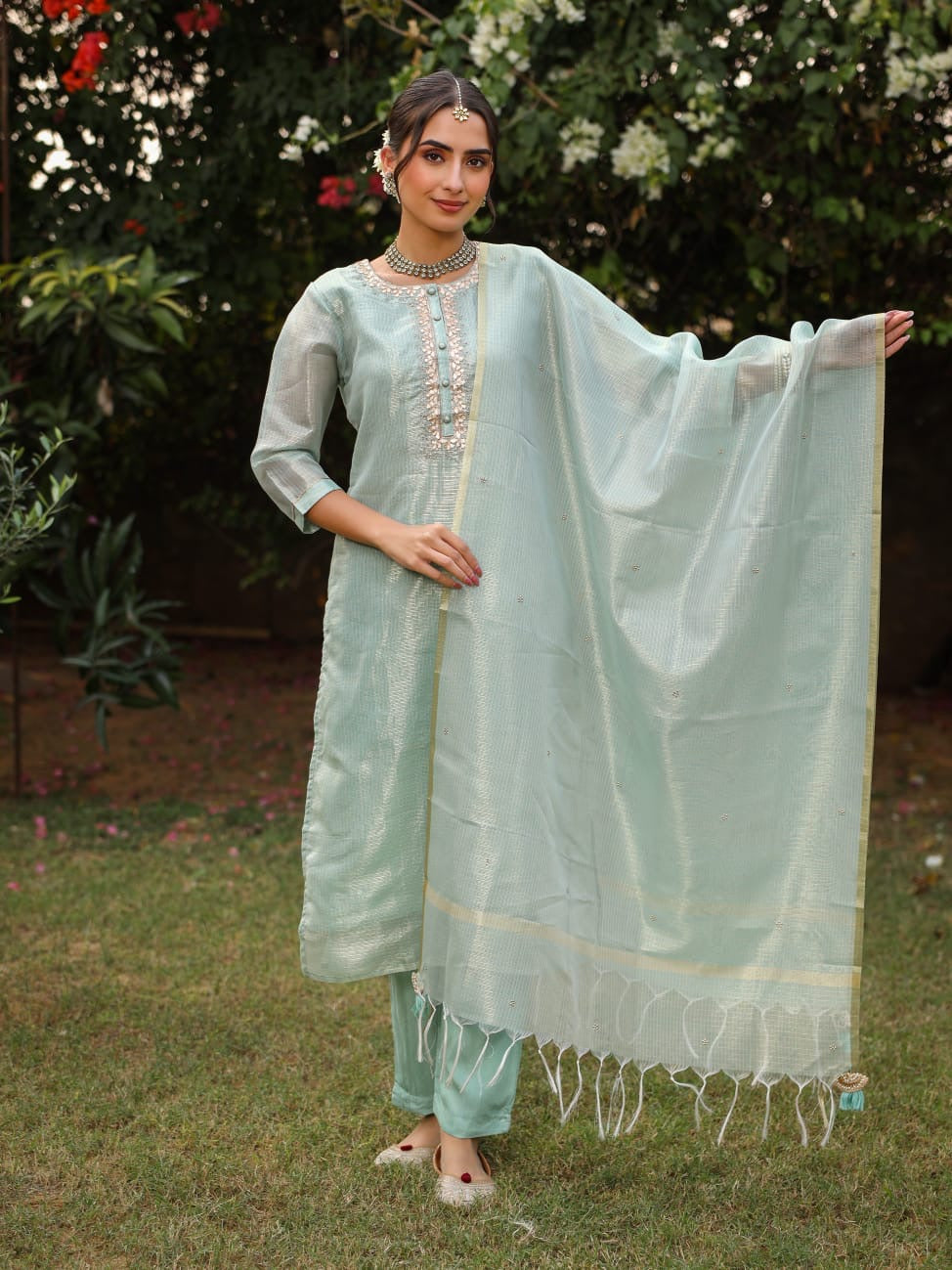 Pastel Green Tissue Silk Salwar Set with Zardosi , and Three-Quarter Sleeves