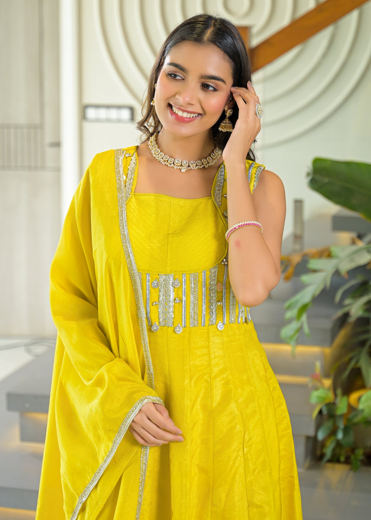 Mustard Yellow Embellished Anarkali Gown Set