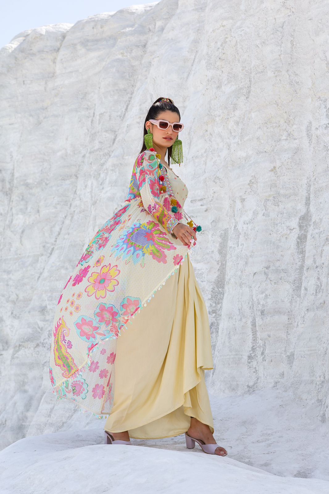 Cream Crop top with Skirt & Floral Shrug