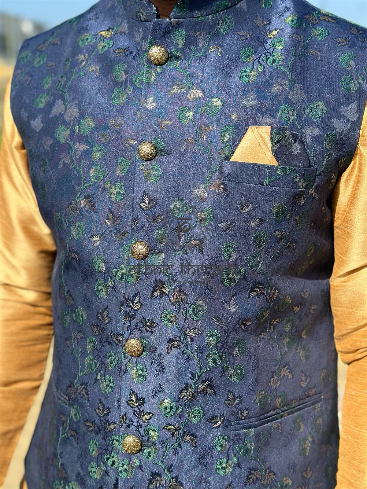 Raw Silk Mens Long Kurta with Jacquard Jacket