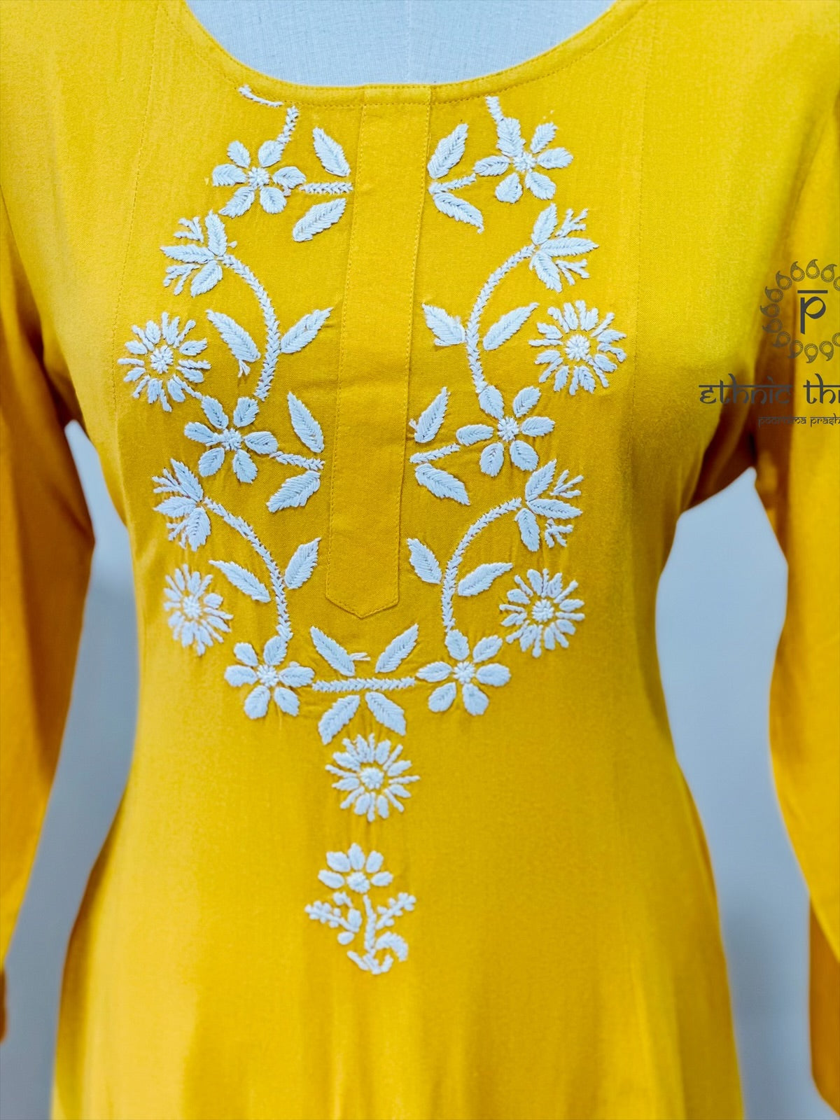 Chikankari Long Front Slit Kurta In Muslin - Mustard