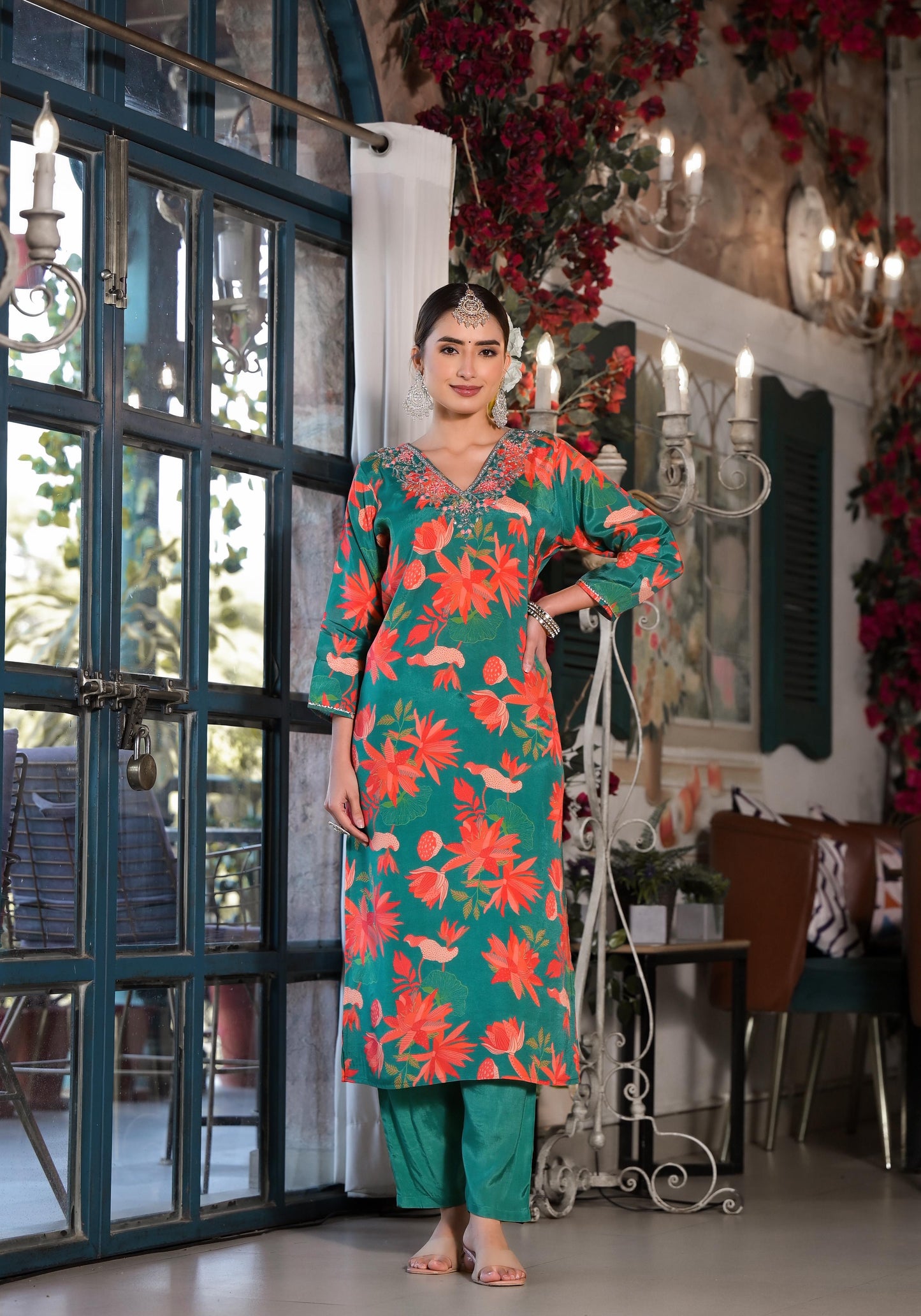 Green Printed Silk Salwar Set with Zardosi , and Three-Quarter Sleeves
