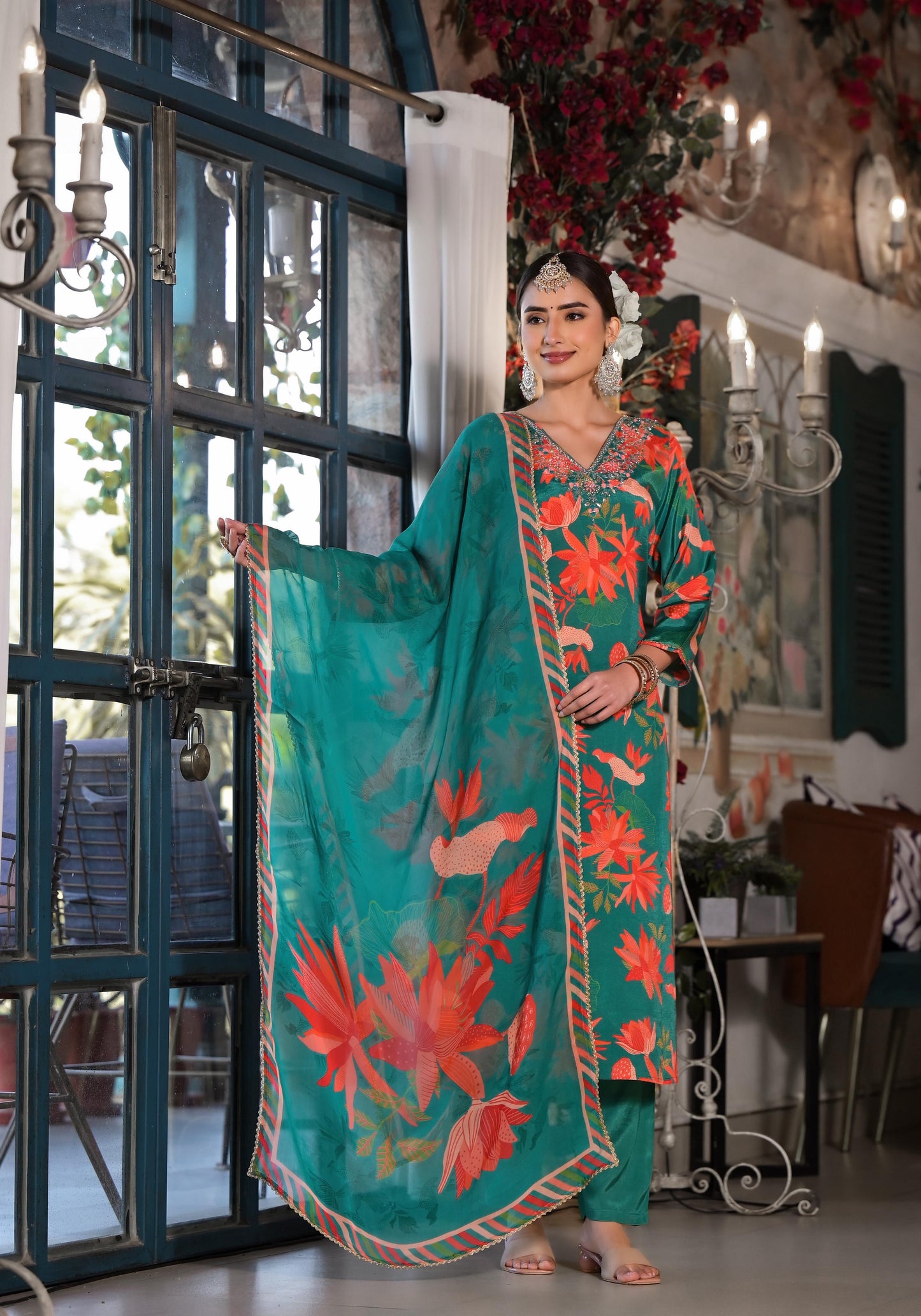 Green Printed Silk Salwar Set with Zardosi , and Three-Quarter Sleeves