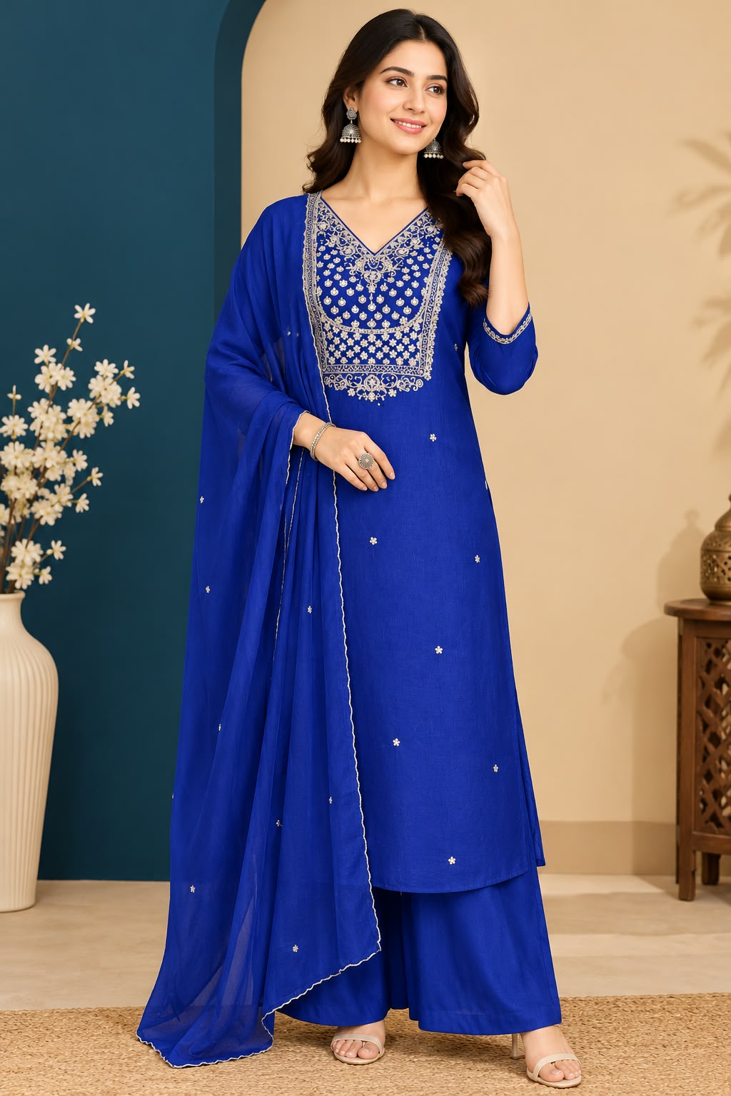 Royal Blue Embroidered Kurta Set with Palazzo Pants