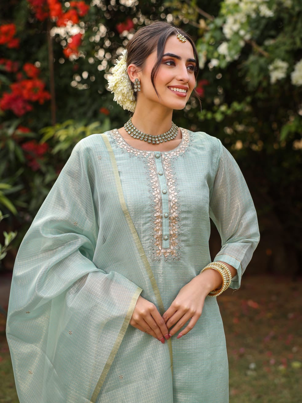 Pastel Green Tissue Silk Salwar Set with Zardosi , and Three-Quarter Sleeves
