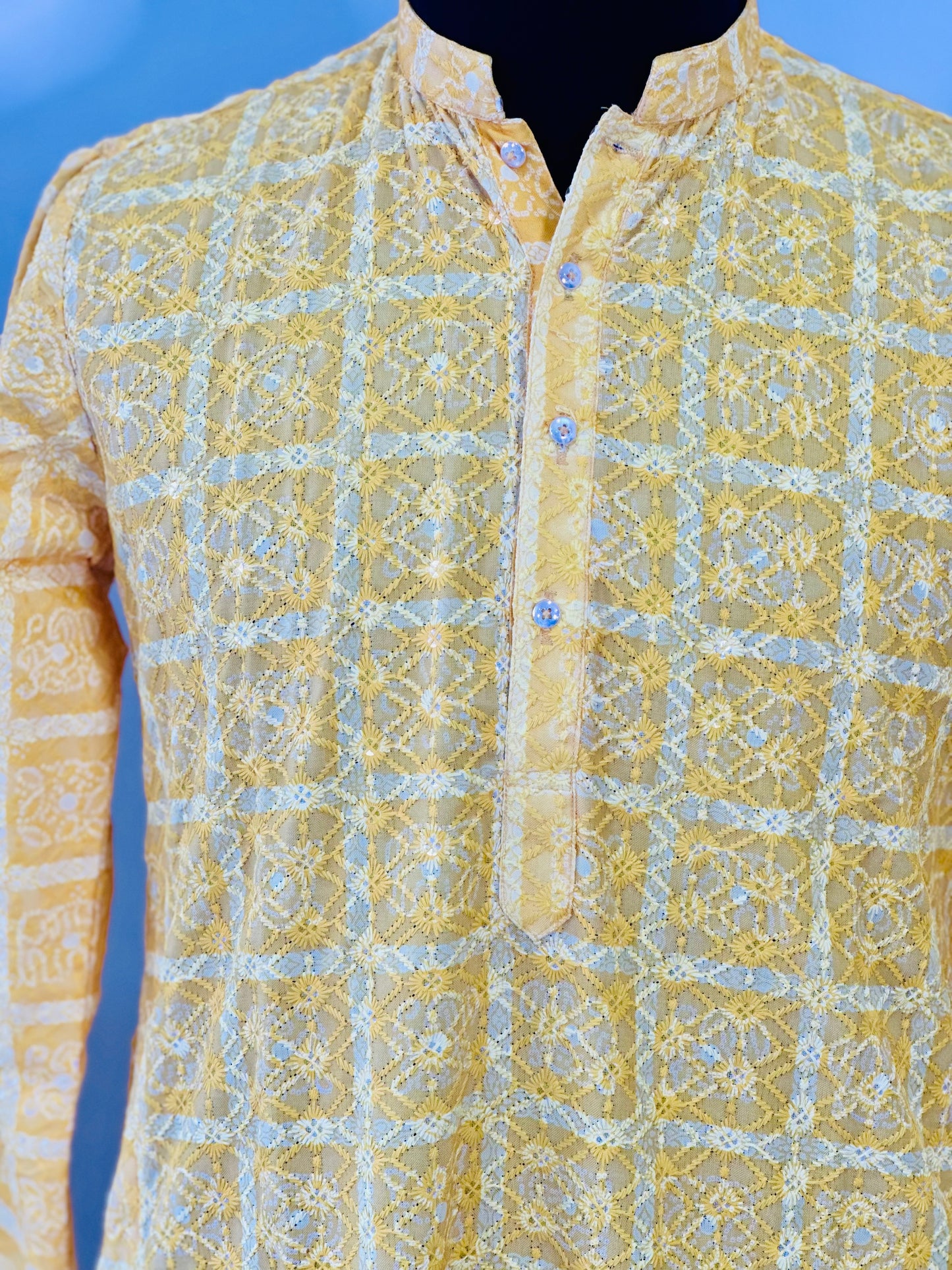 Printed Cotton Mens Long Kurta- Yellow