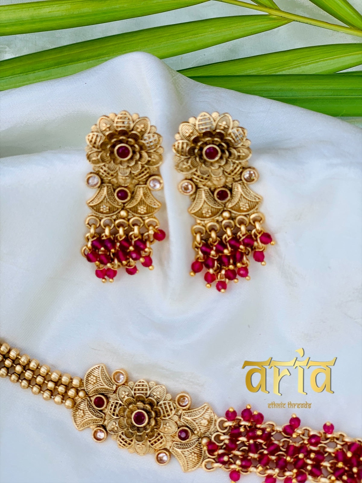 Lord Lakshmi Antique Temple Long Necklace set - Ruby Red