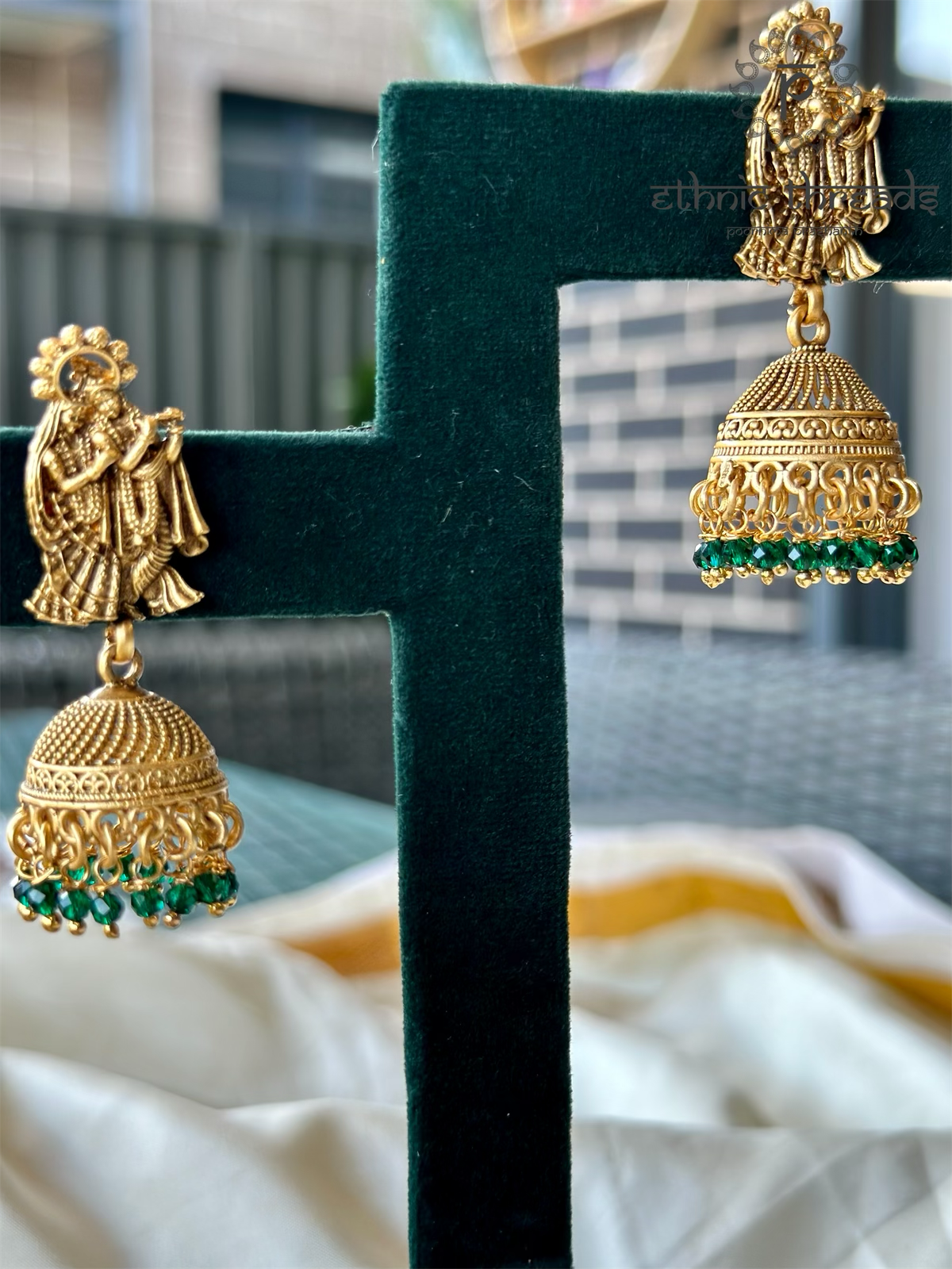 Radha & Krishna Antique Temple Necklace set - Emerald Green