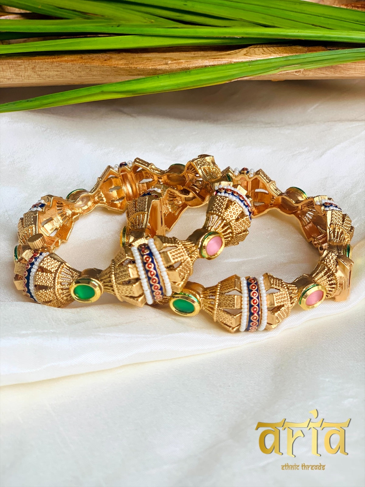 Pearl Studded Meenakari Kada Bangles with Kundan Stones