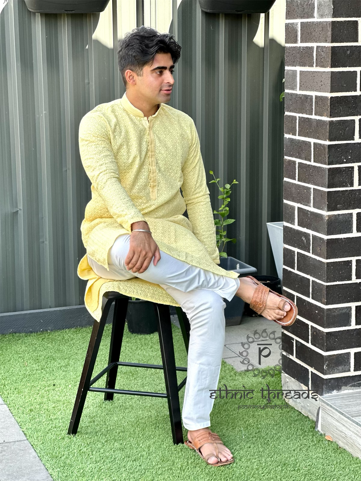 Chikankari for Men Long Kurta-Lemon Yellow