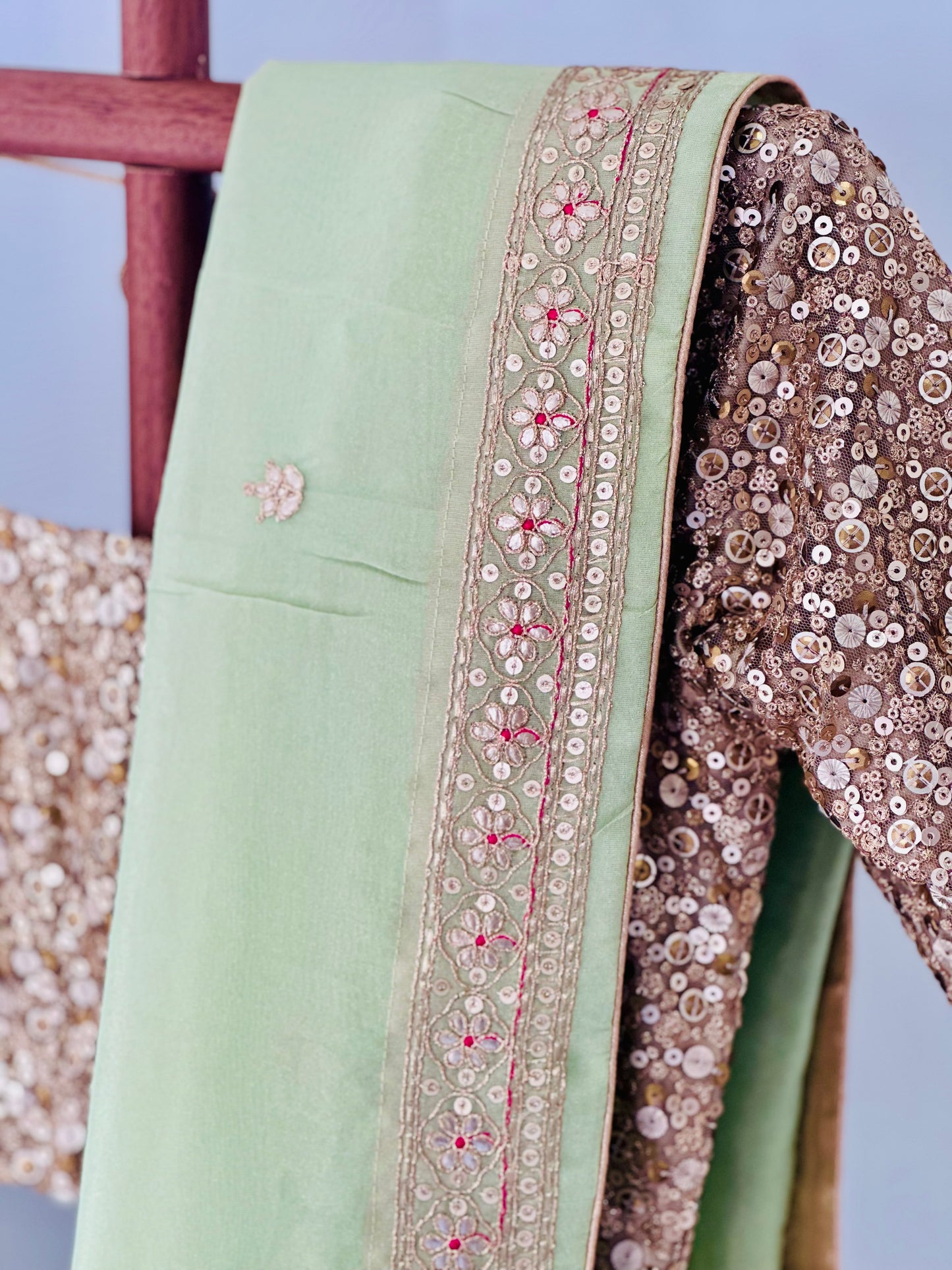 Sage Green Glossy Soft Tissue Saree And Blouse