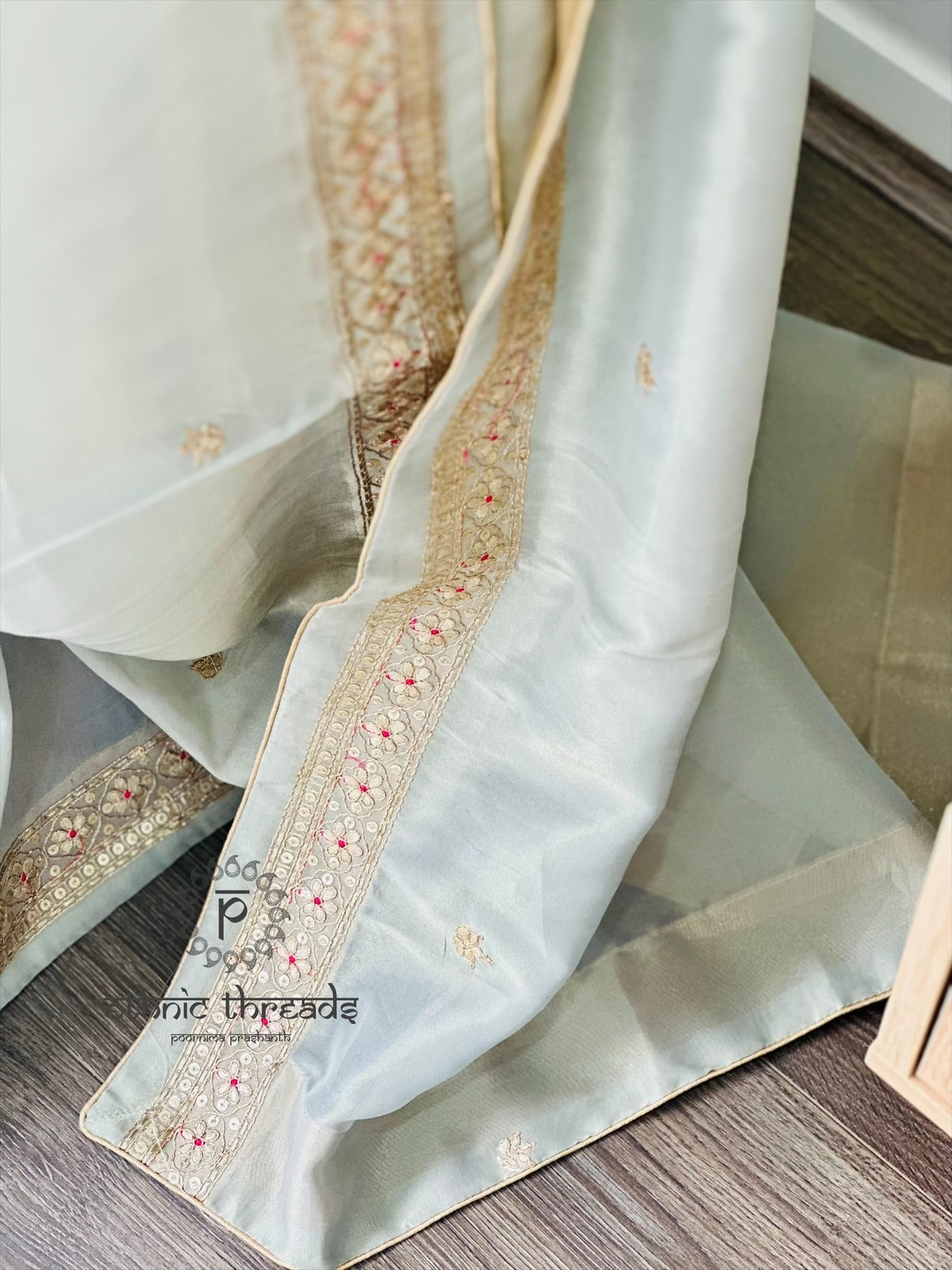Pastel Grey Glossy Soft Tissue Saree And Blouse