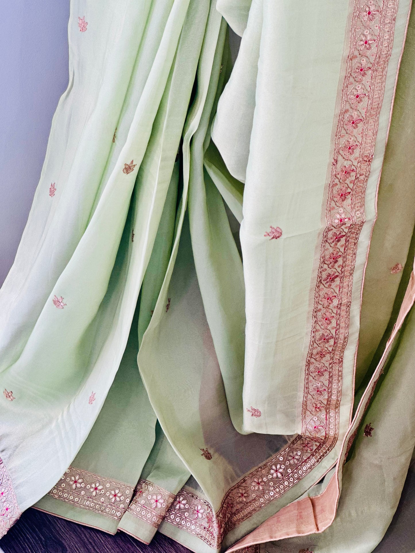 Sage Green Glossy Soft Tissue Saree And Blouse