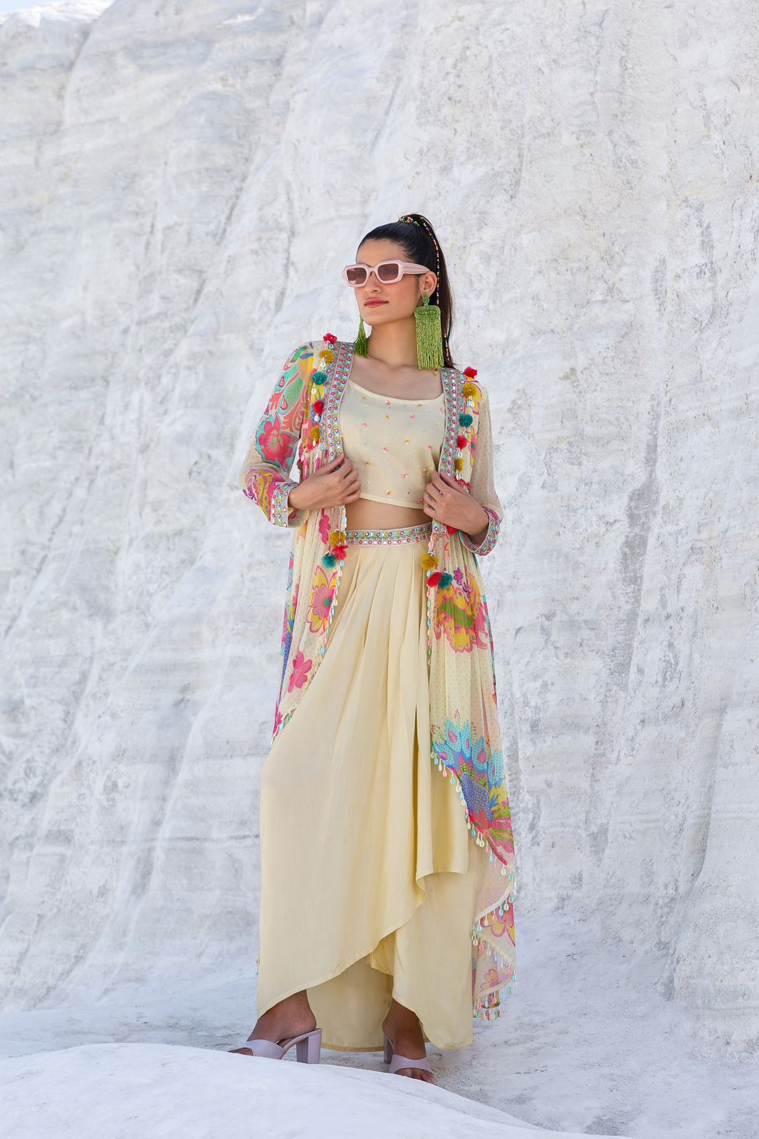 Cream Crop top with Skirt & Floral Shrug