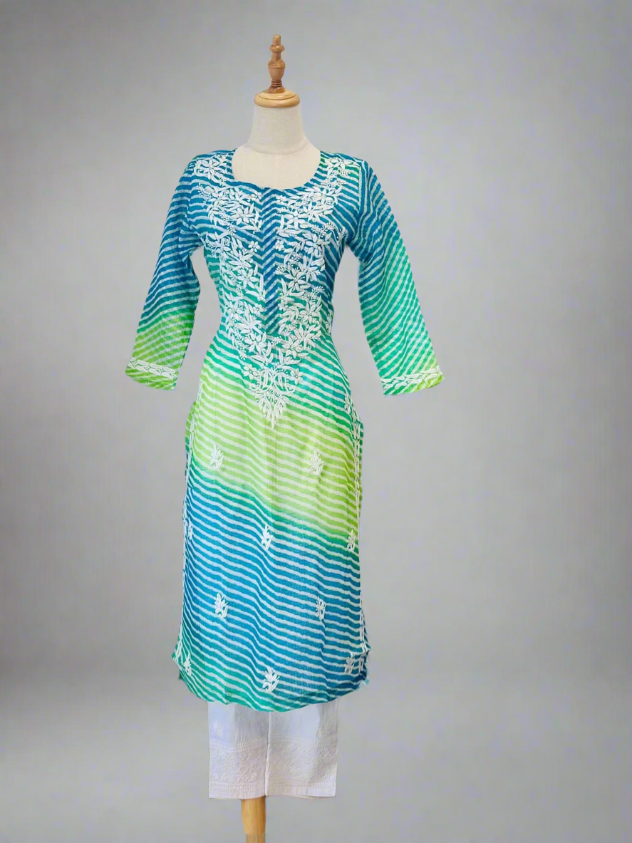 Chikankari Long Kurta In Kota - Green