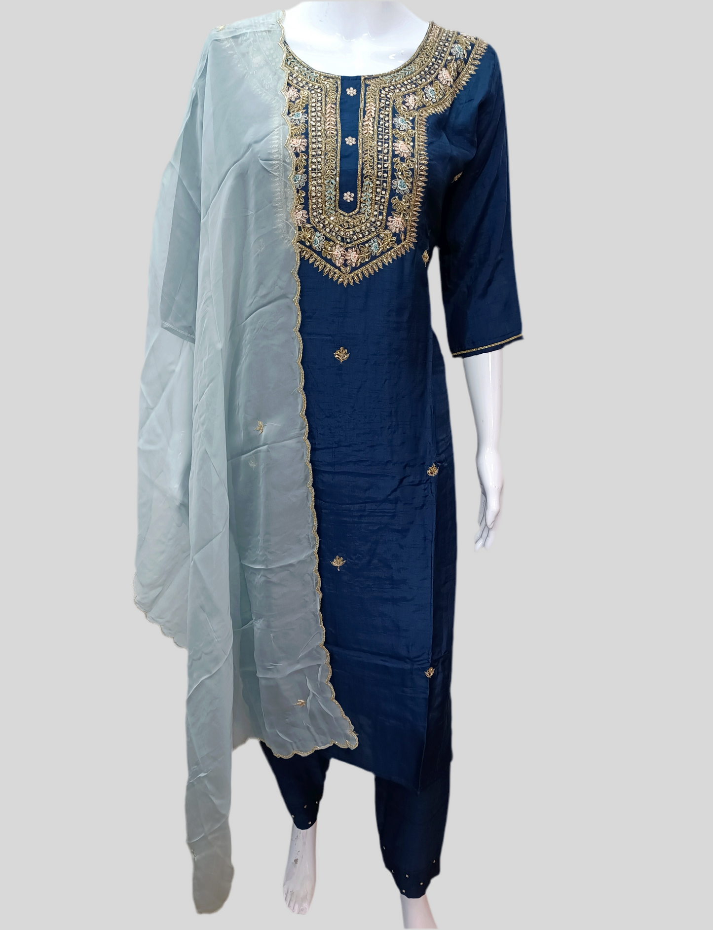 Navy Blue Silk Salwar Set with Zardosi , and Three-Quarter Sleeves