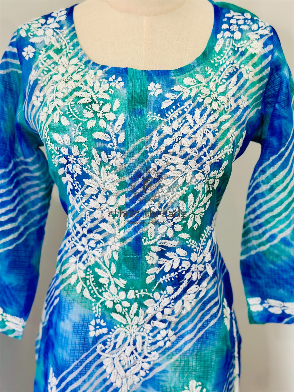 Chikankari Long Kurta In Kota - Blue