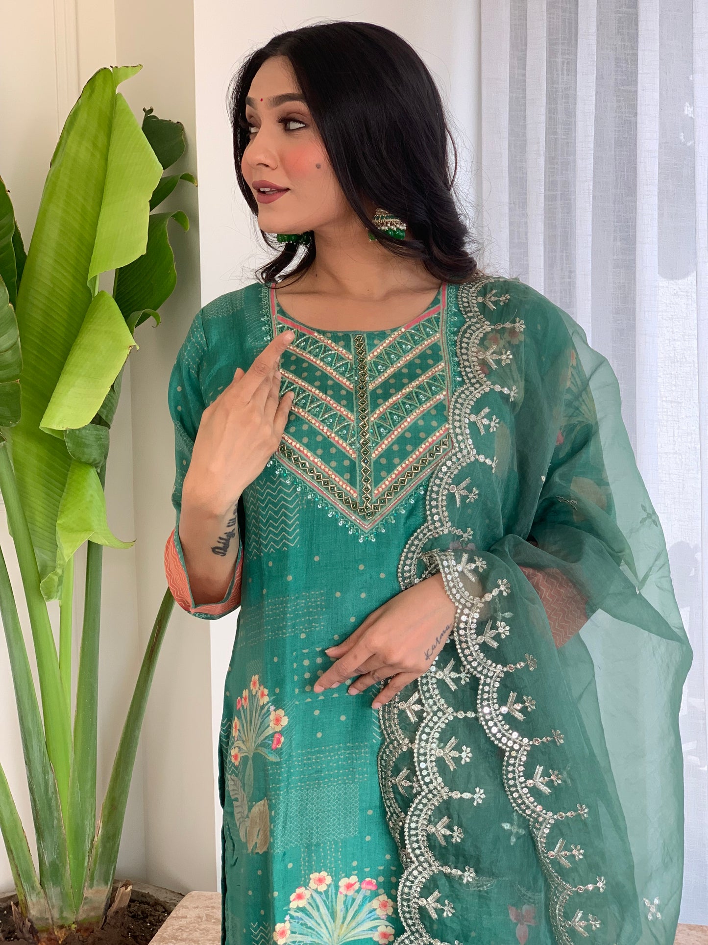 Green Printed Silk Salwar Set with Zardosi , U-Neck, and Three-Quarter Sleeves