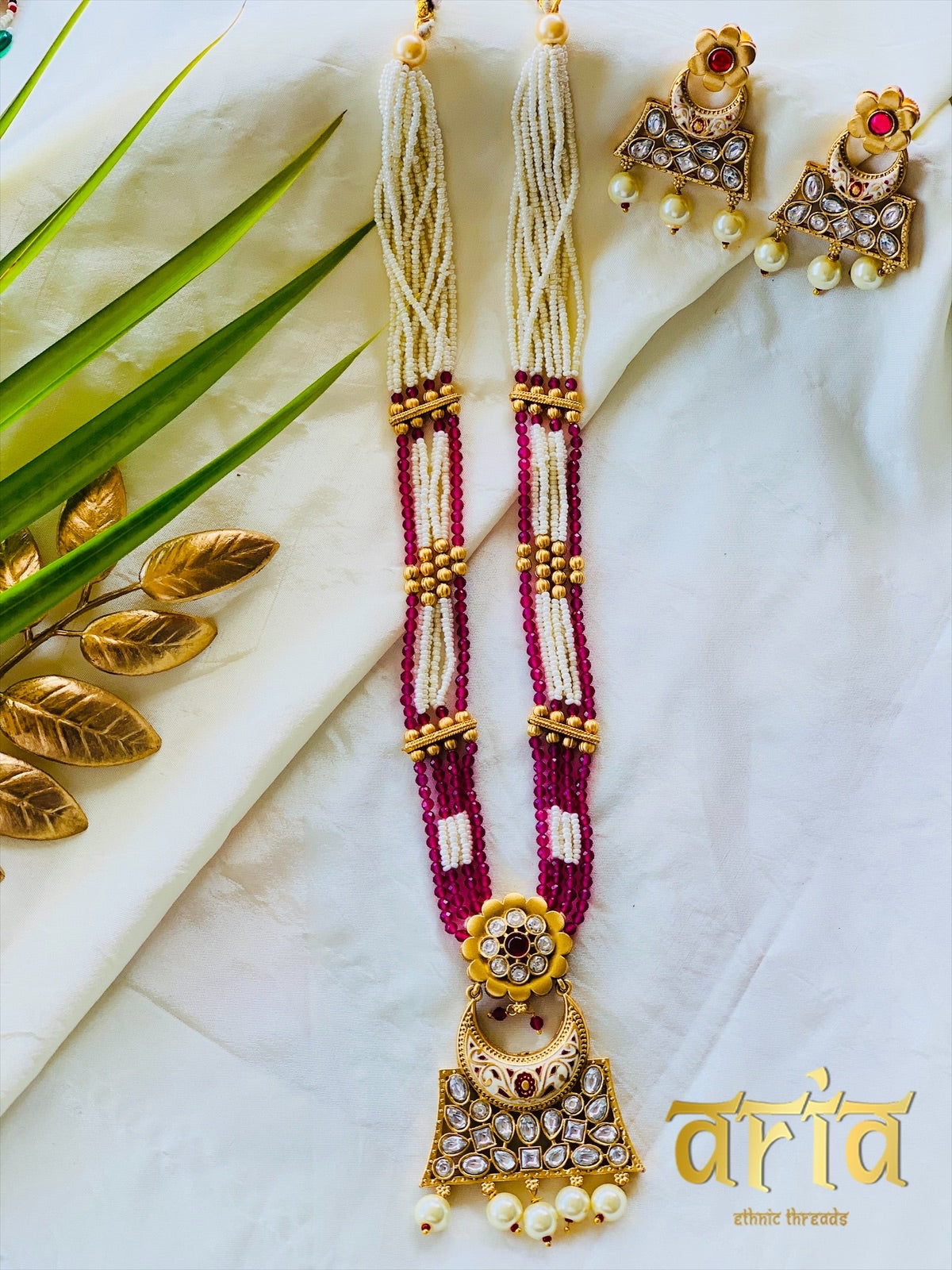 Temple Long Necklace Meenakari Kundan Set- Ruby & White Stones