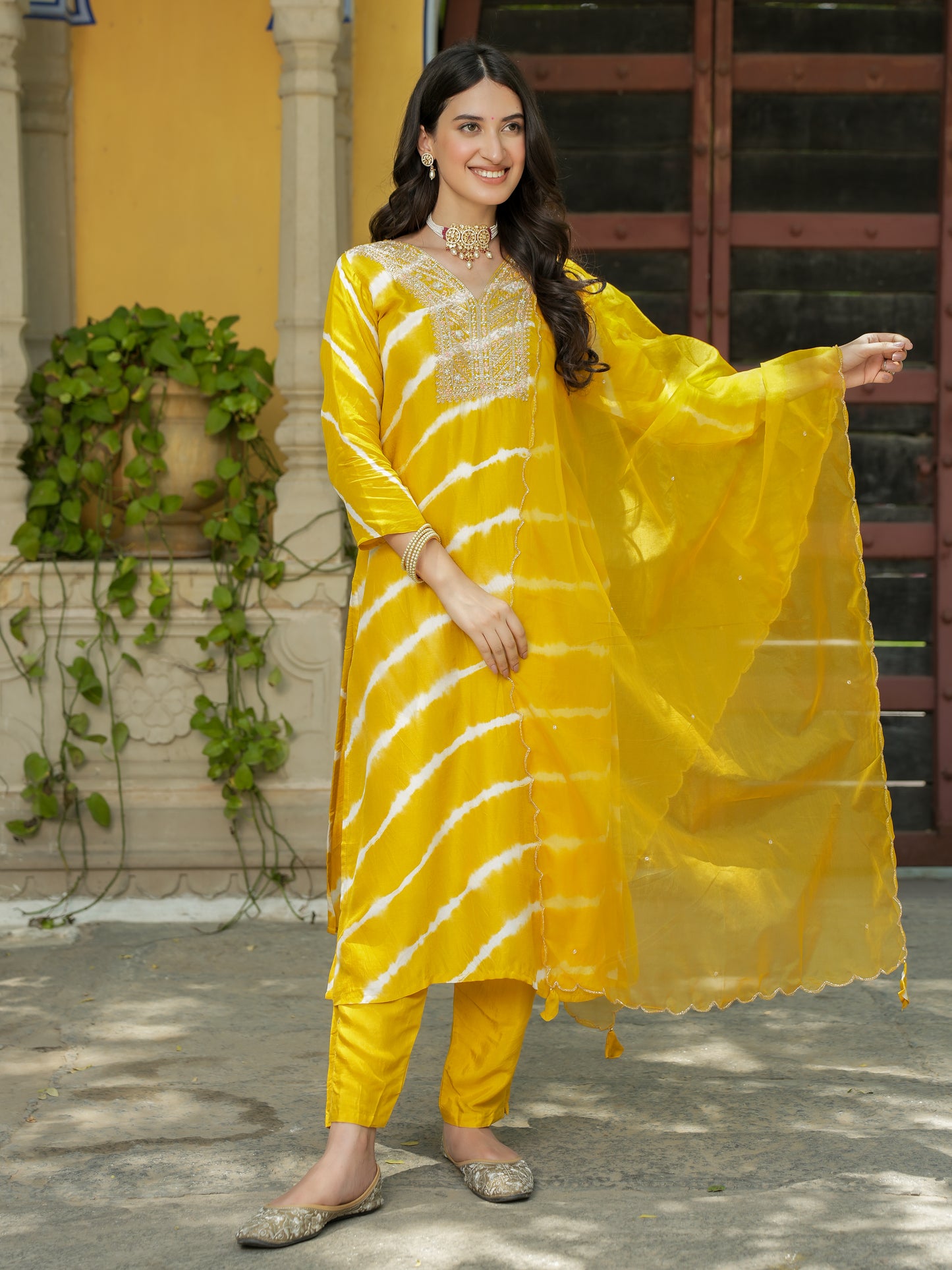 Mustard Shibori Silk Kurta Set with Embroidery, V-Neck, and Three-Quarter Sleeves
