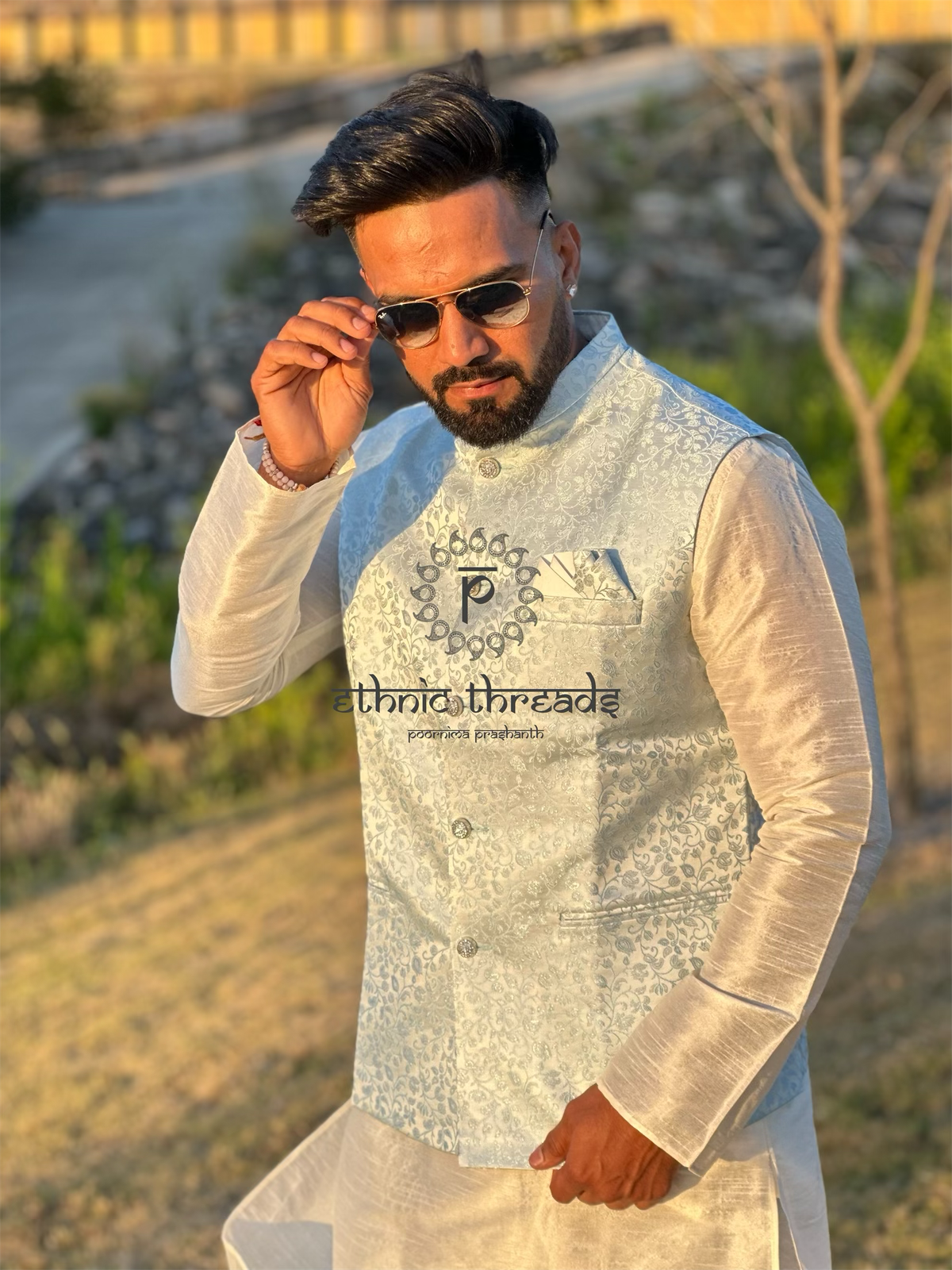 Sky Blue Jacquard Ethnic Nehru Jacket