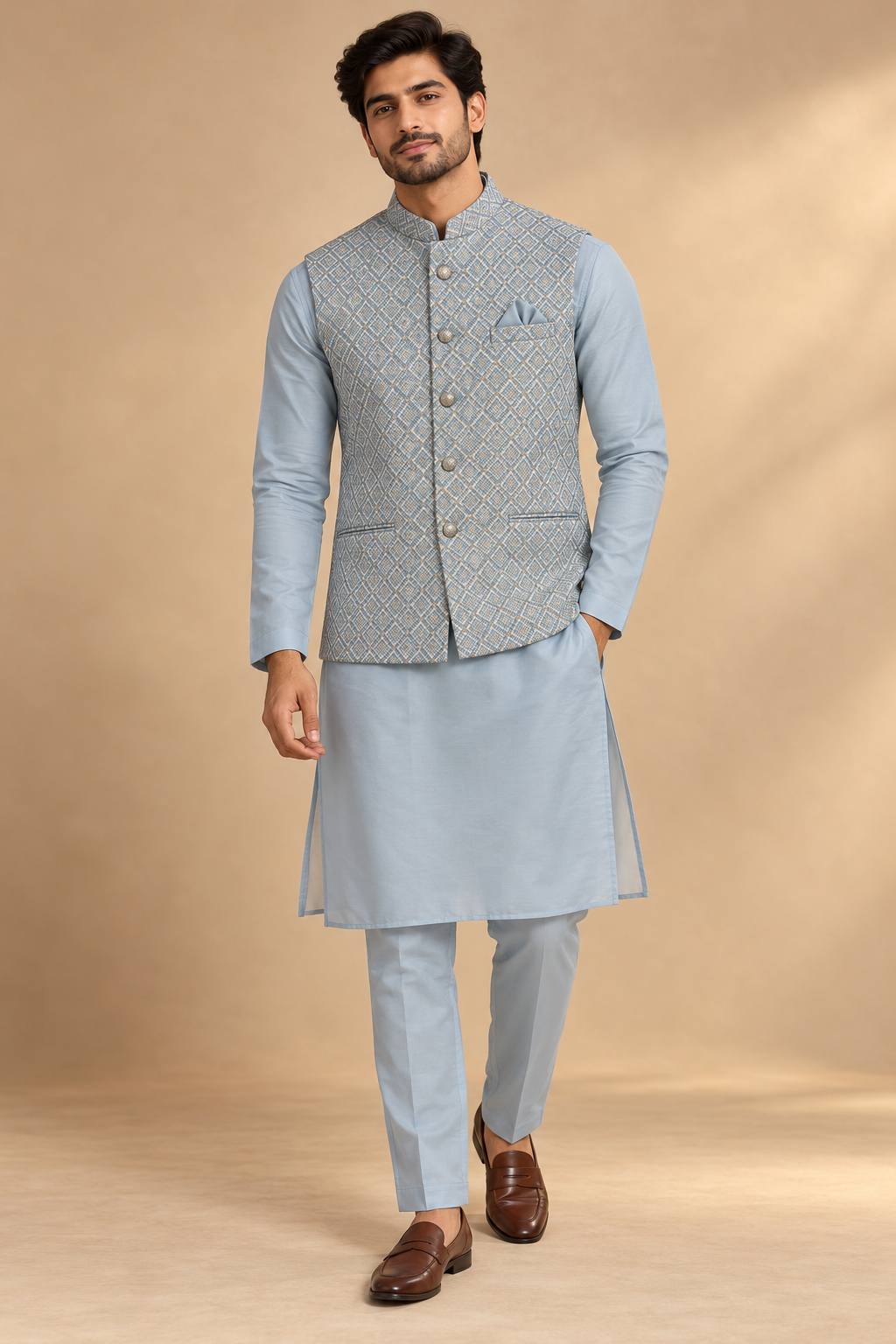 Powder Blue Kurta with Patterned Jacket Set