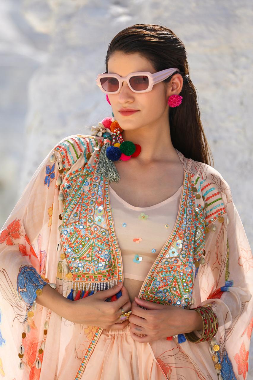 Cream Crop top with Dhothi Pants & Floral Shrug