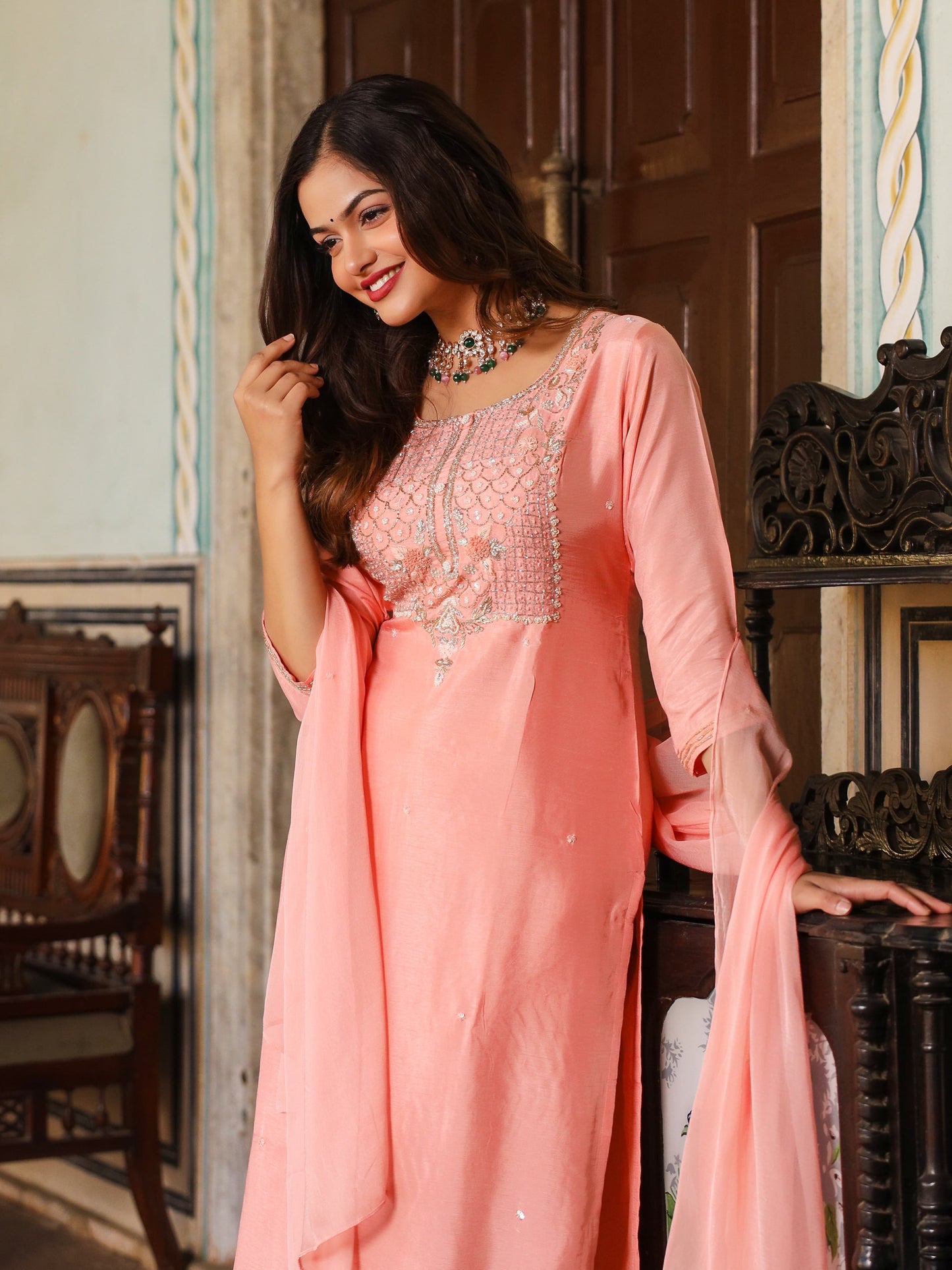 Peach Silk Salwar Set with Zardosi , and Three-Quarter Sleeves