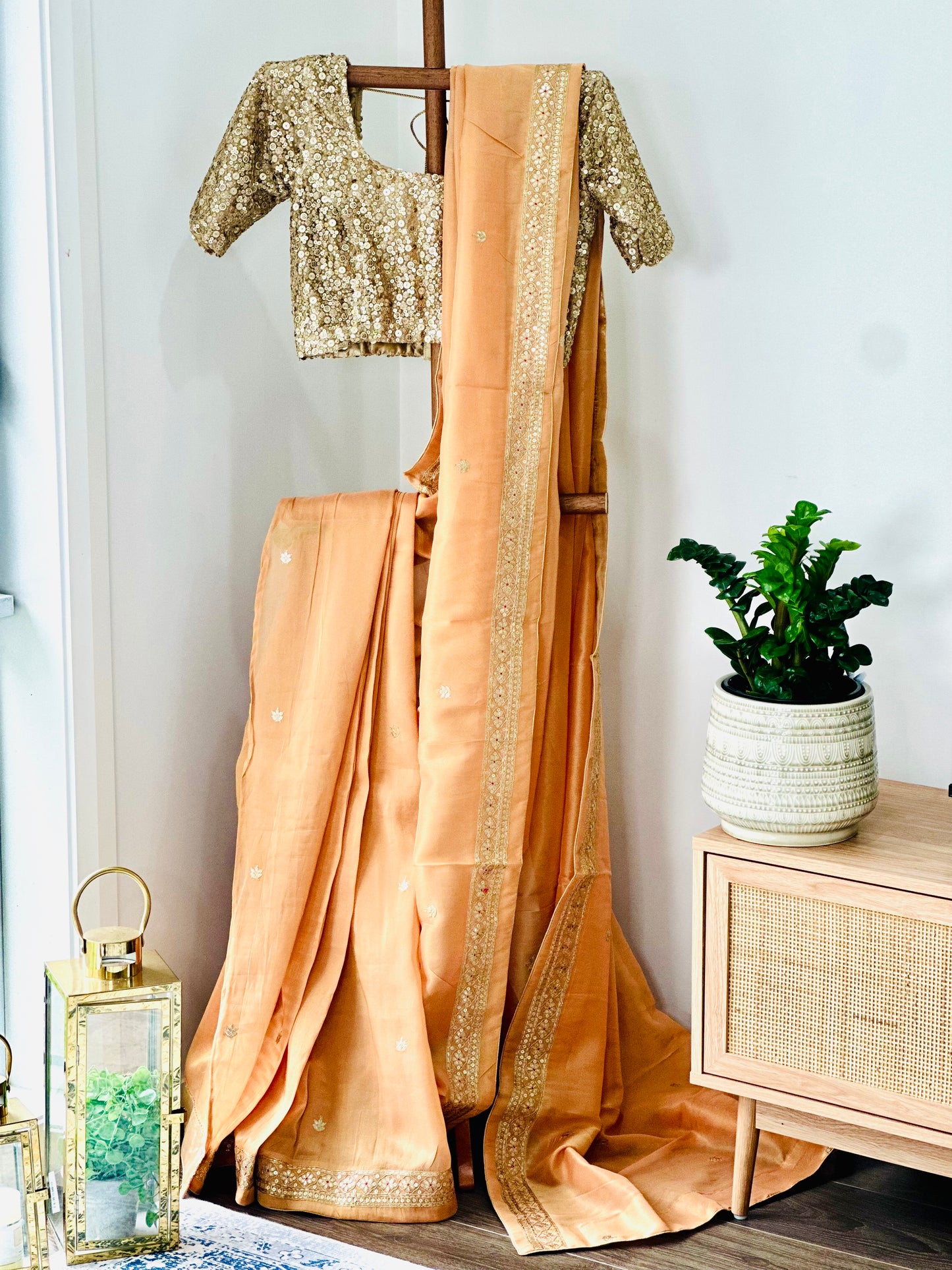 Peach Glossy Soft Tissue Saree And Blouse