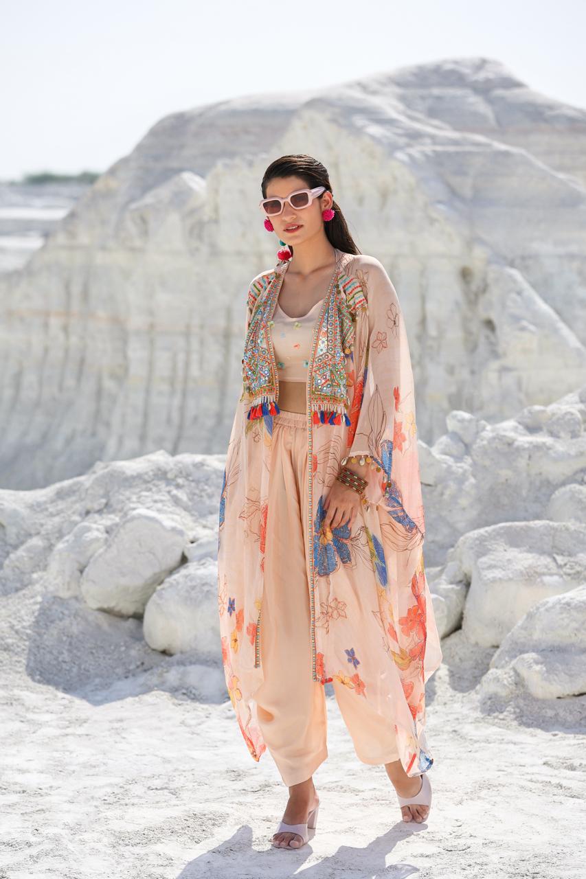 Cream Crop top with Dhothi Pants & Floral Shrug