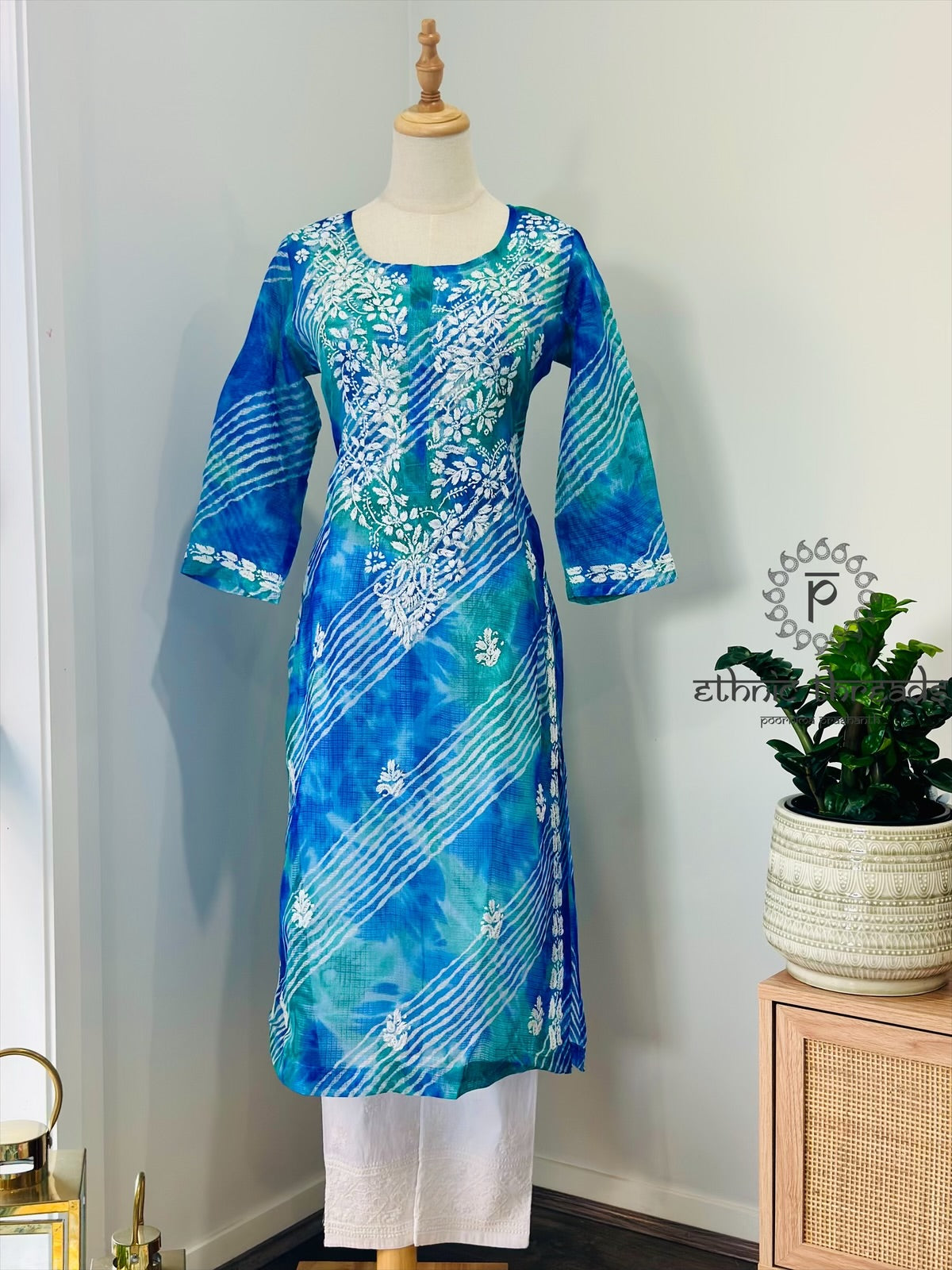 Chikankari Long Kurta In Kota - Blue