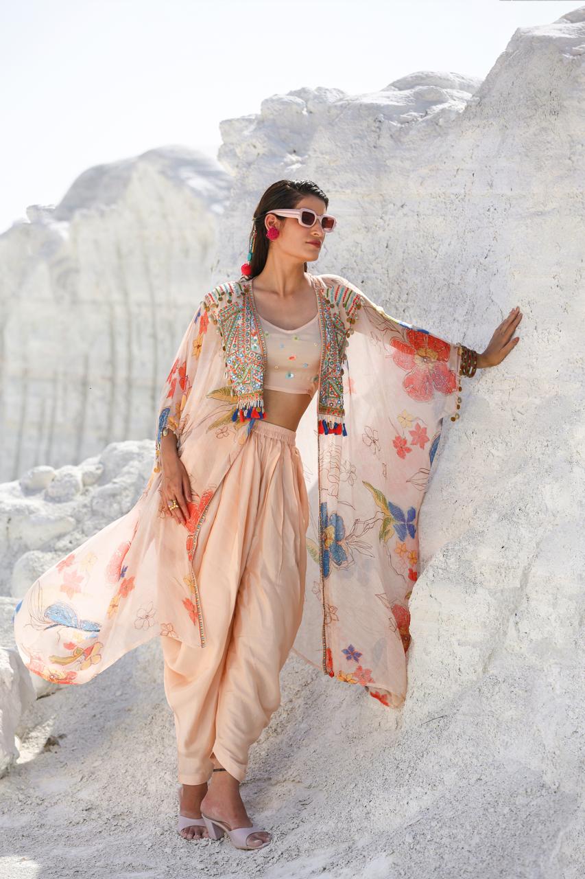 Cream Crop top with Dhothi Pants & Floral Shrug