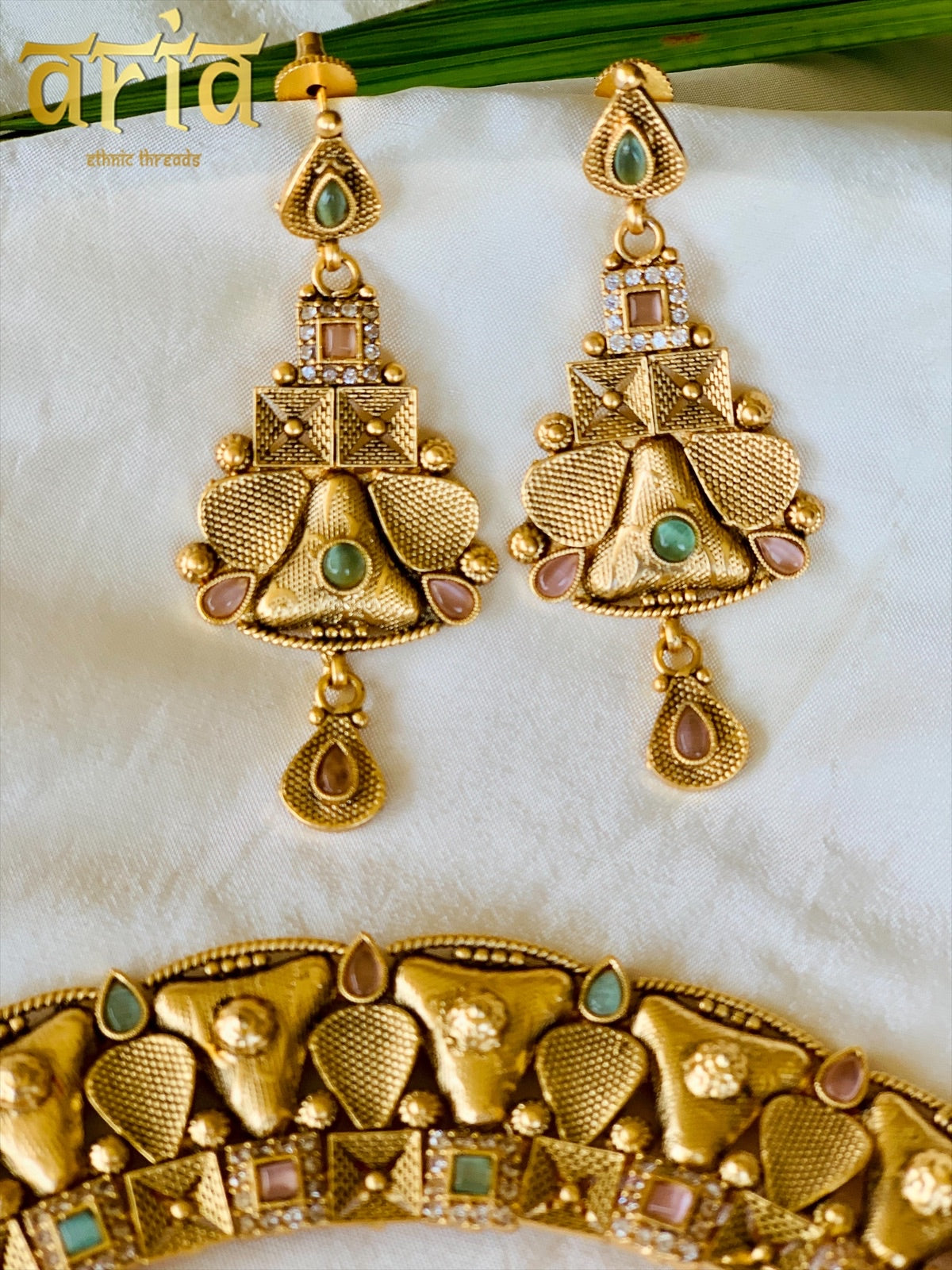 Antique Matt Gold Necklace Set with Precious Stones- Pink & Mint Green Stones