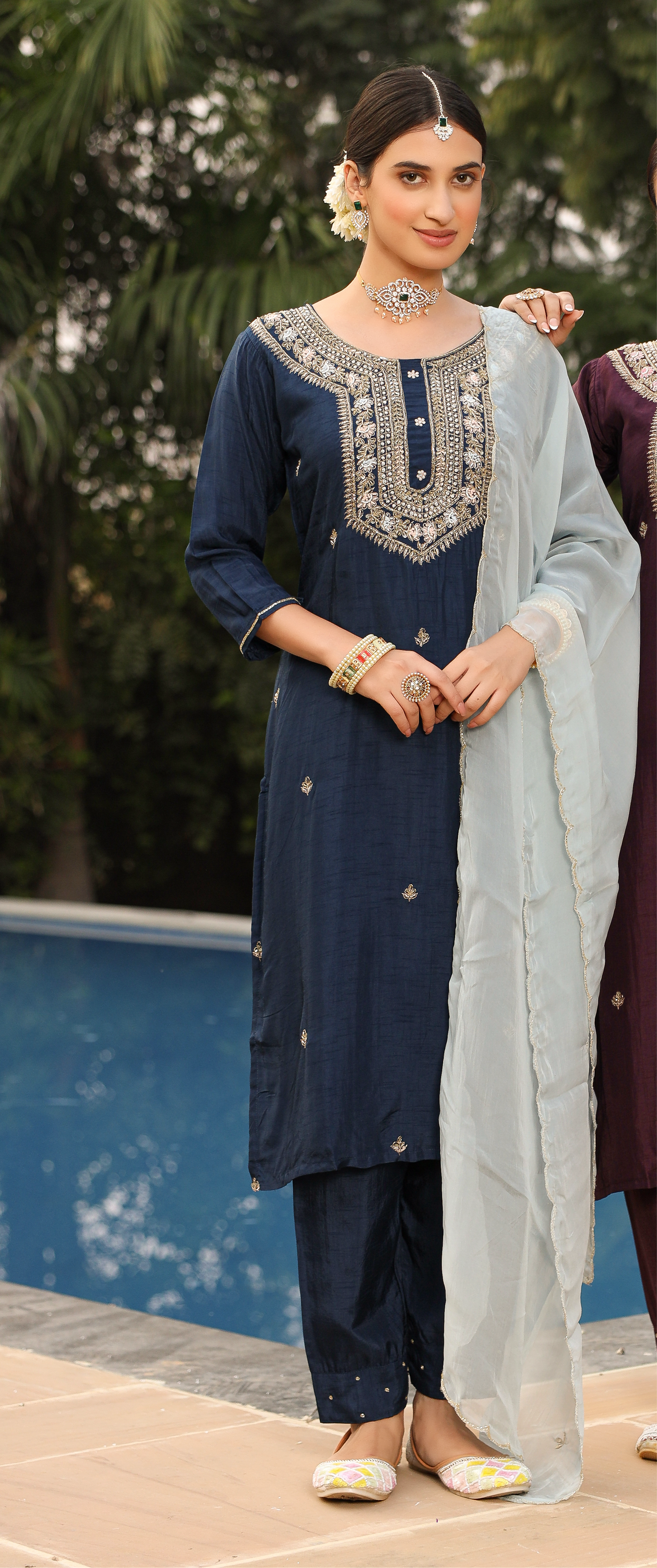 Navy Blue Silk Salwar Set with Zardosi , and Three-Quarter Sleeves