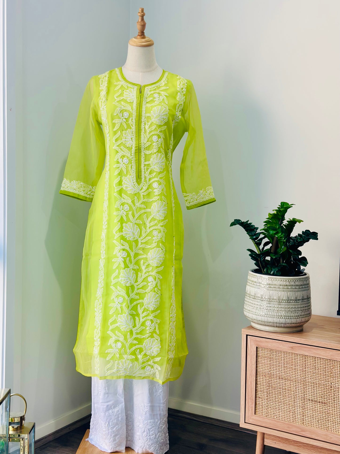 Chikankari Long Kurta In Georgette - Mint Green
