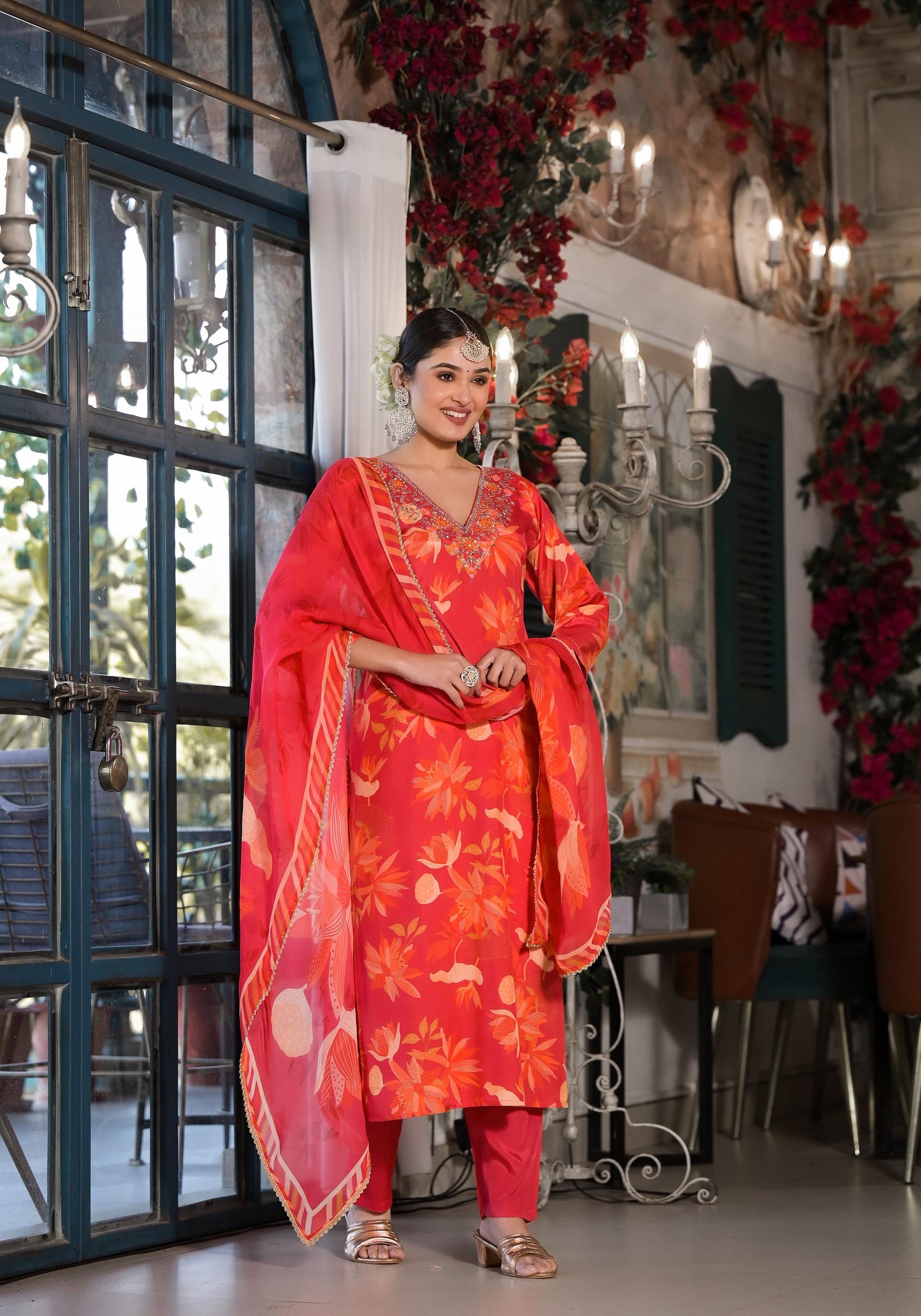 Orange Printed Silk Salwar Set with Zardosi , and Three-Quarter Sleeves