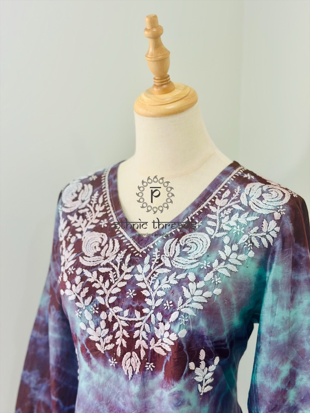 Chikankari Kurta In Tie-Dye Silk Cotton -Teal/Purple