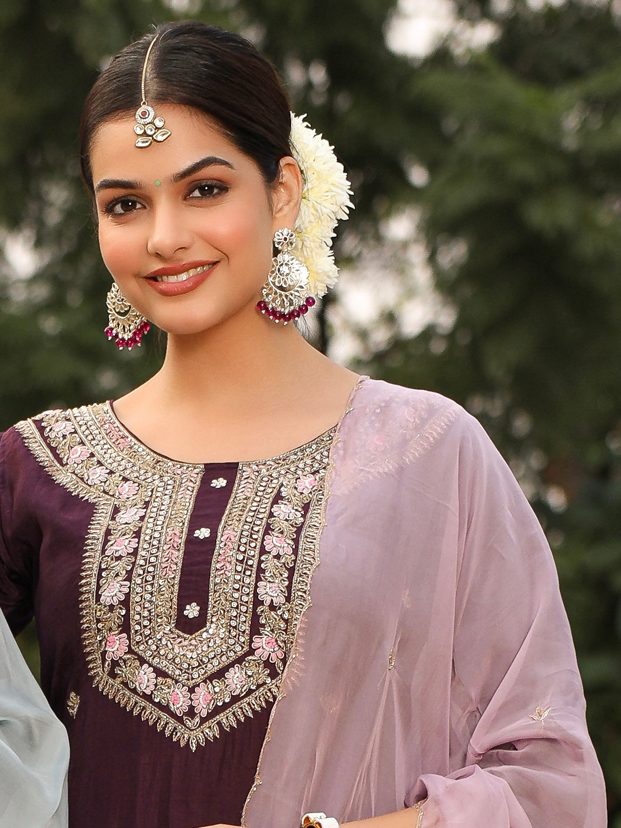 Purple Silk Salwar Set with Zardosi , and Three-Quarter Sleeves
