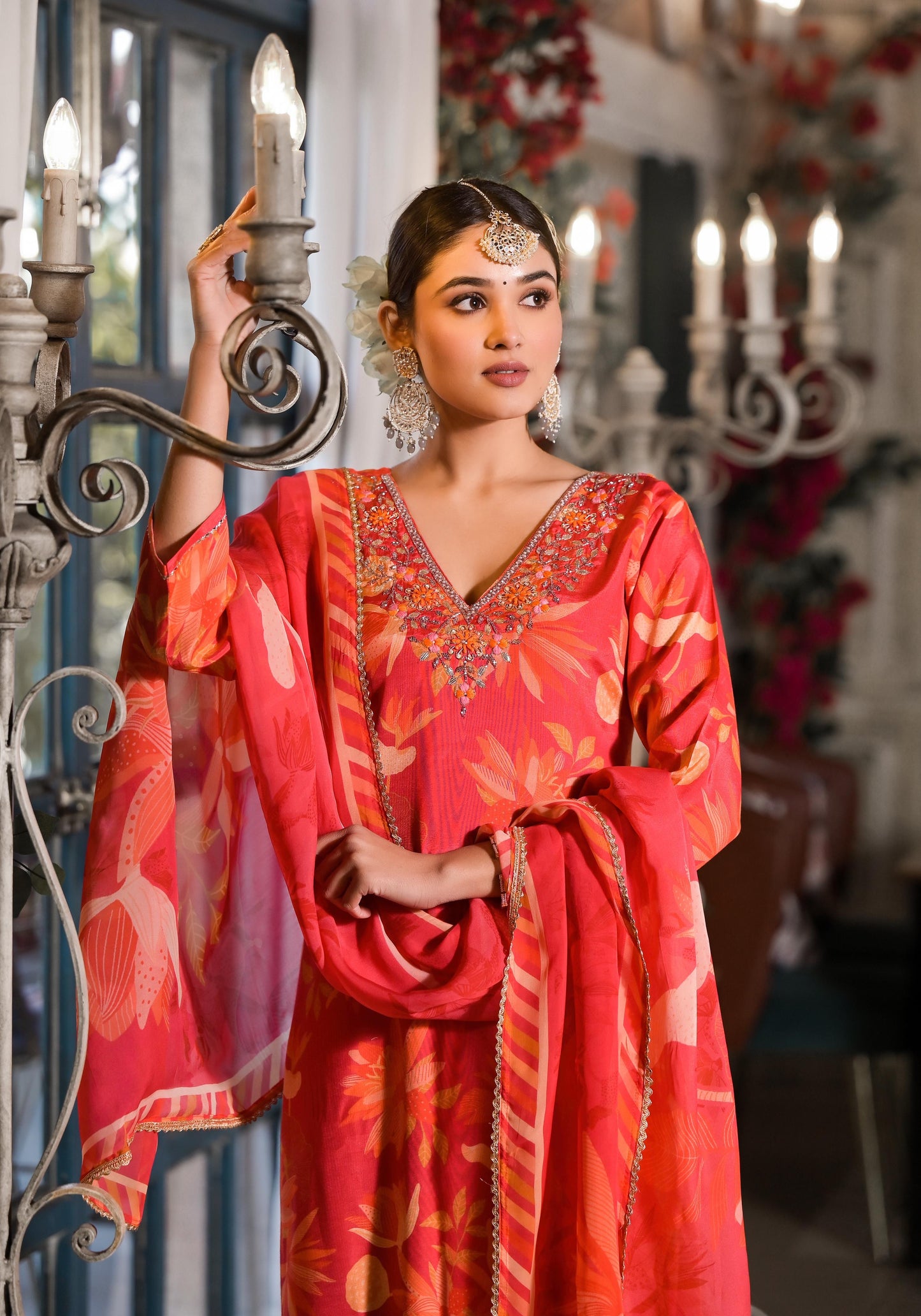 Orange Printed Silk Salwar Set with Zardosi , and Three-Quarter Sleeves