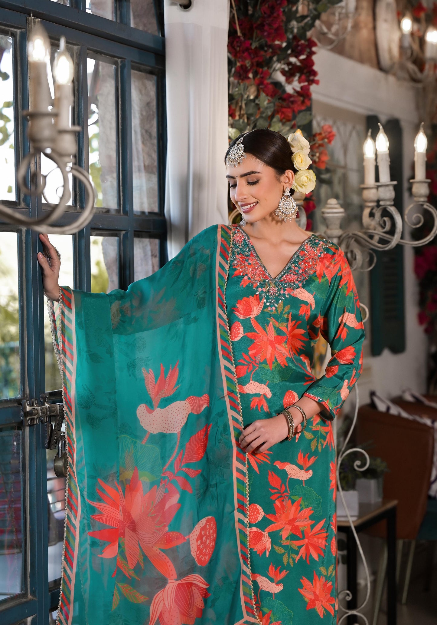 Green Printed Silk Salwar Set with Zardosi , and Three-Quarter Sleeves