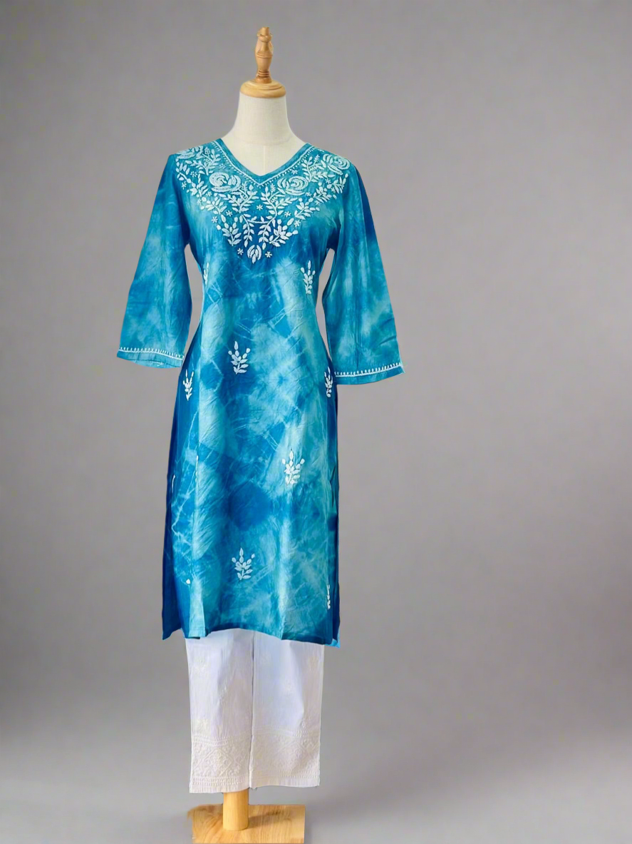 Chikankari Kurta In Tie-Dye Silk Cotton -Teal/Blue