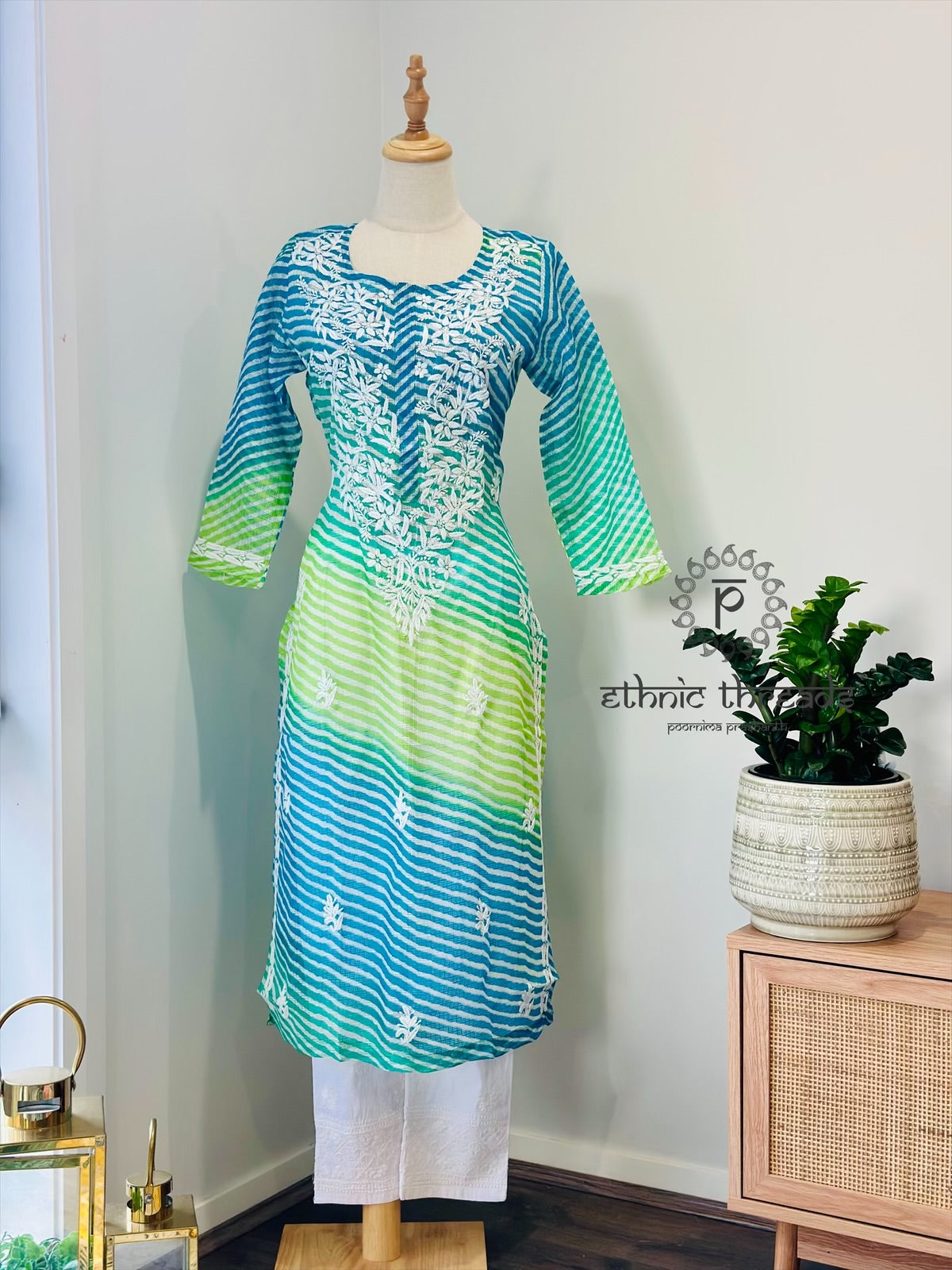 Chikankari Long Kurta In Kota - Green